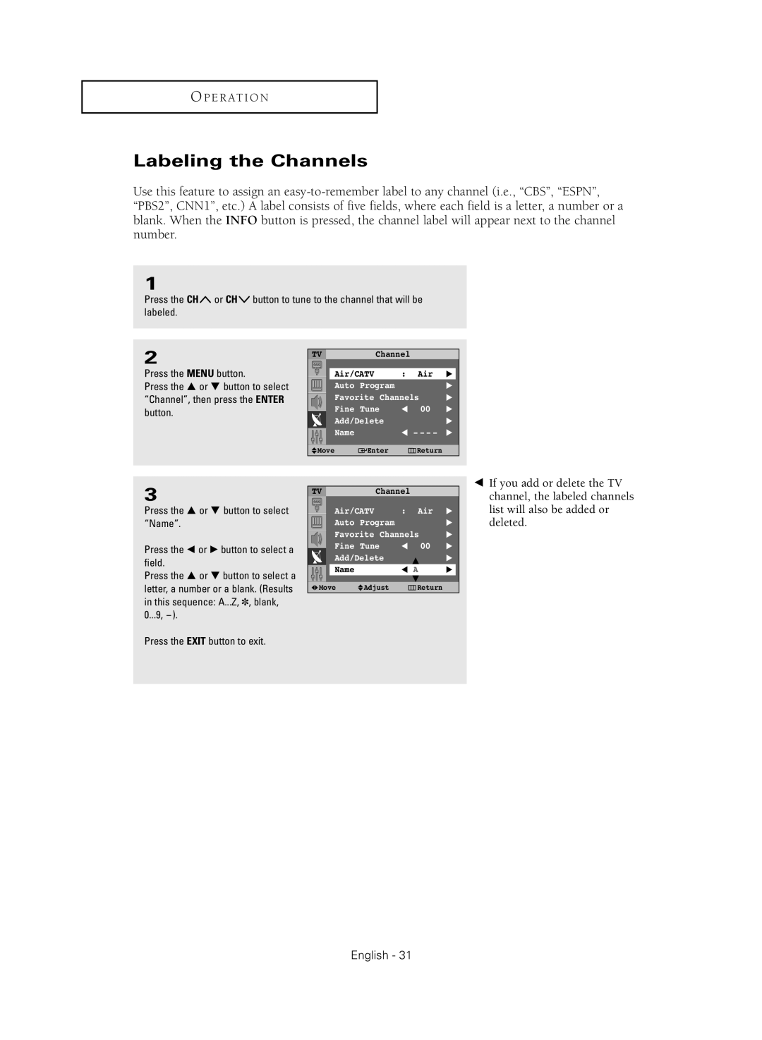 Samsung SP43Q5HL1X, SP54T8HL, SP52Q2HL, SP47Q2HL, SP47Q5HL1X manual Labeling the Channels 