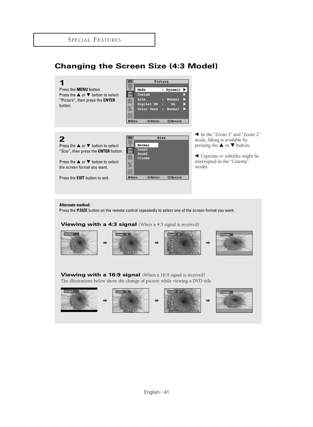 Samsung SP43Q5HL1X, SP54T8HL, SP52Q2HL, SP47Q2HL manual Changing the Screen Size 43 Model, Press the … or † button to select 