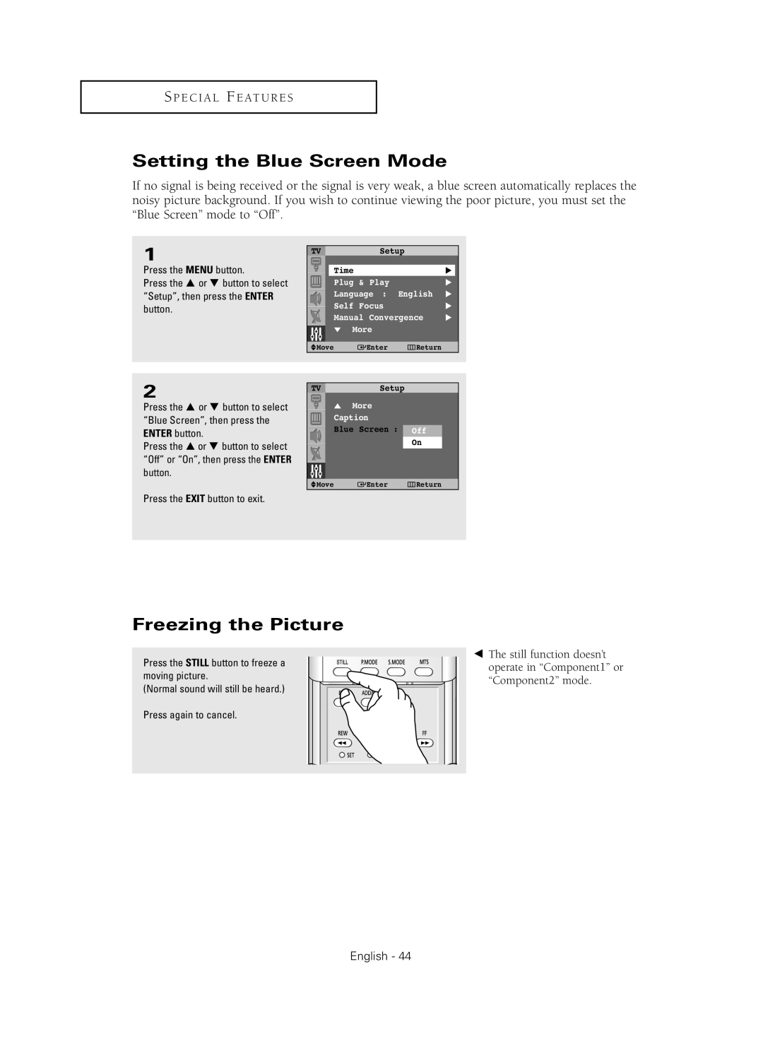 Samsung SP47Q5HL1X, SP54T8HL, SP43Q5HL1X, SP52Q2HL, SP47Q2HL manual Setting the Blue Screen Mode, Freezing the Picture 