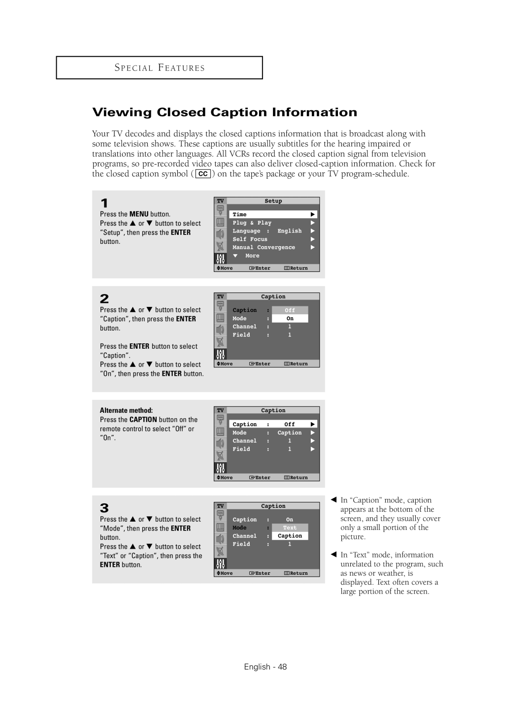 Samsung SP47Q2HL, SP54T8HL, SP43Q5HL1X, SP52Q2HL, SP47Q5HL1X manual Viewing Closed Caption Information 