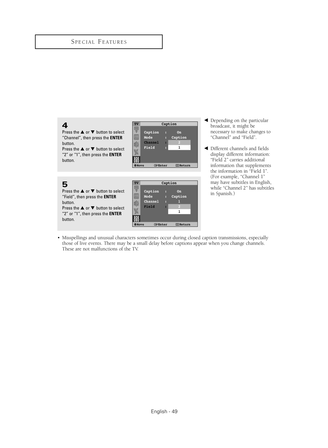 Samsung SP47Q5HL1X, SP54T8HL, SP43Q5HL1X, SP52Q2HL, SP47Q2HL manual Caption Mode Channel Field 