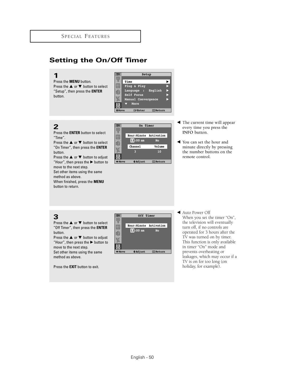 Samsung SP54T8HL, SP43Q5HL1X, SP52Q2HL, SP47Q2HL, SP47Q5HL1X manual Setting the On/Off Timer 