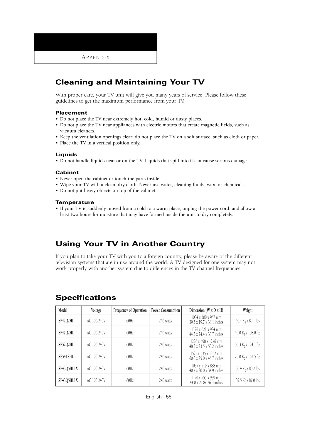 Samsung SP54T8HL, SP43Q5HL1X, SP52Q2HL Cleaning and Maintaining Your TV, Using Your TV in Another Country, Specifications 