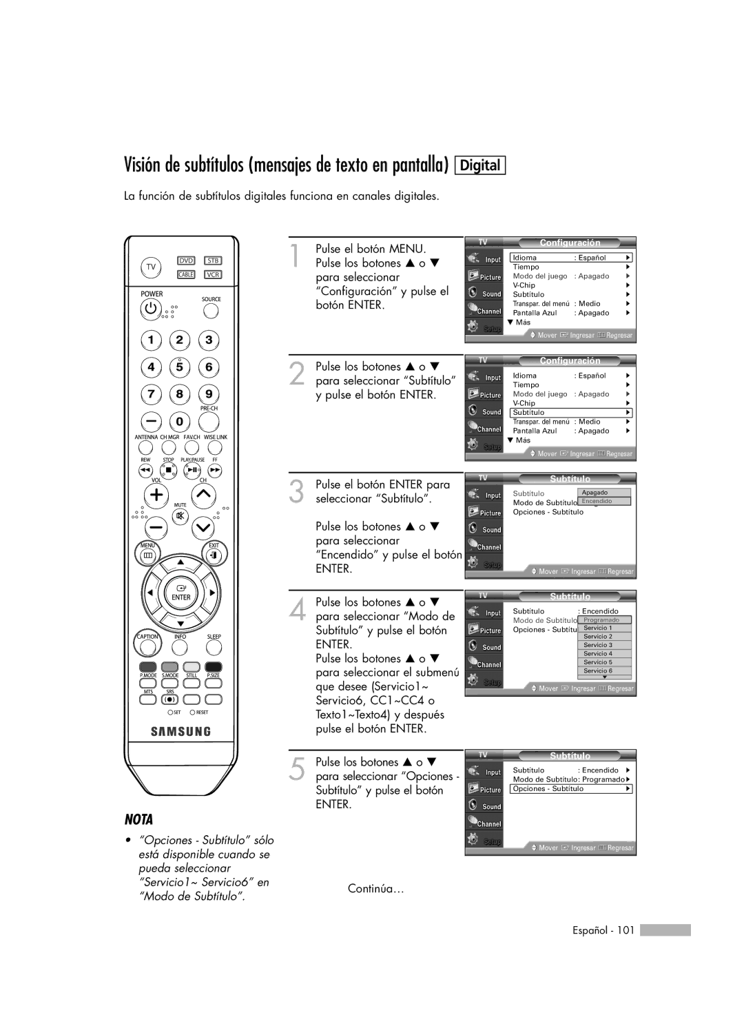 Samsung SP-50K3HD, SP56K3HD, SP-61K3HD manual Subtítulo ApagadoEncendido 