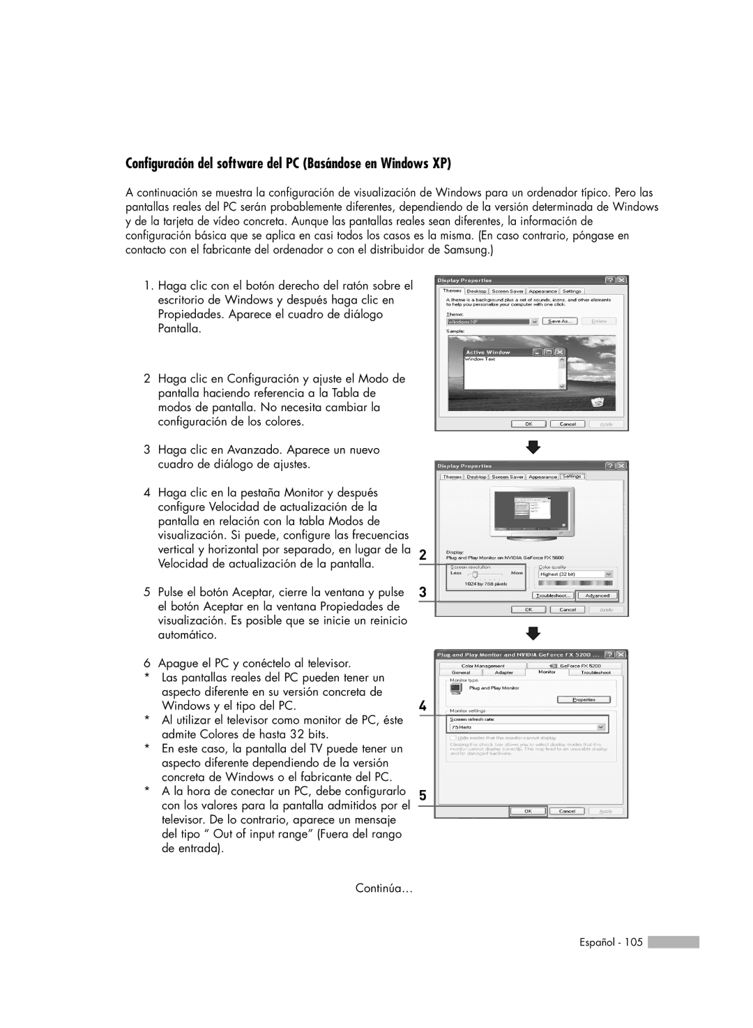 Samsung SP56K3HD, SP-61K3HD, SP-50K3HD manual Configuración del software del PC Basándose en Windows XP 