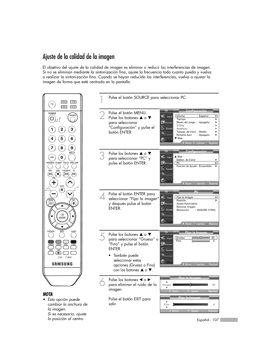 Samsung SP-50K3HD, SP56K3HD, SP-61K3HD manual Ajuste de la calidad de la imagen, Fijar la Imagen 