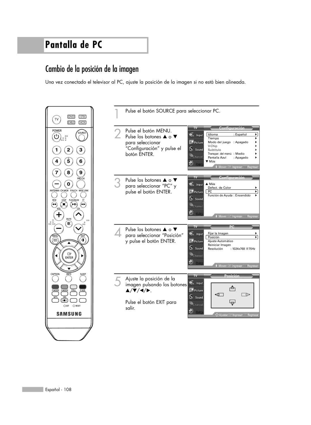 Samsung SP56K3HD, SP-61K3HD, SP-50K3HD manual Cambio de la posición de la imagen, Posición 