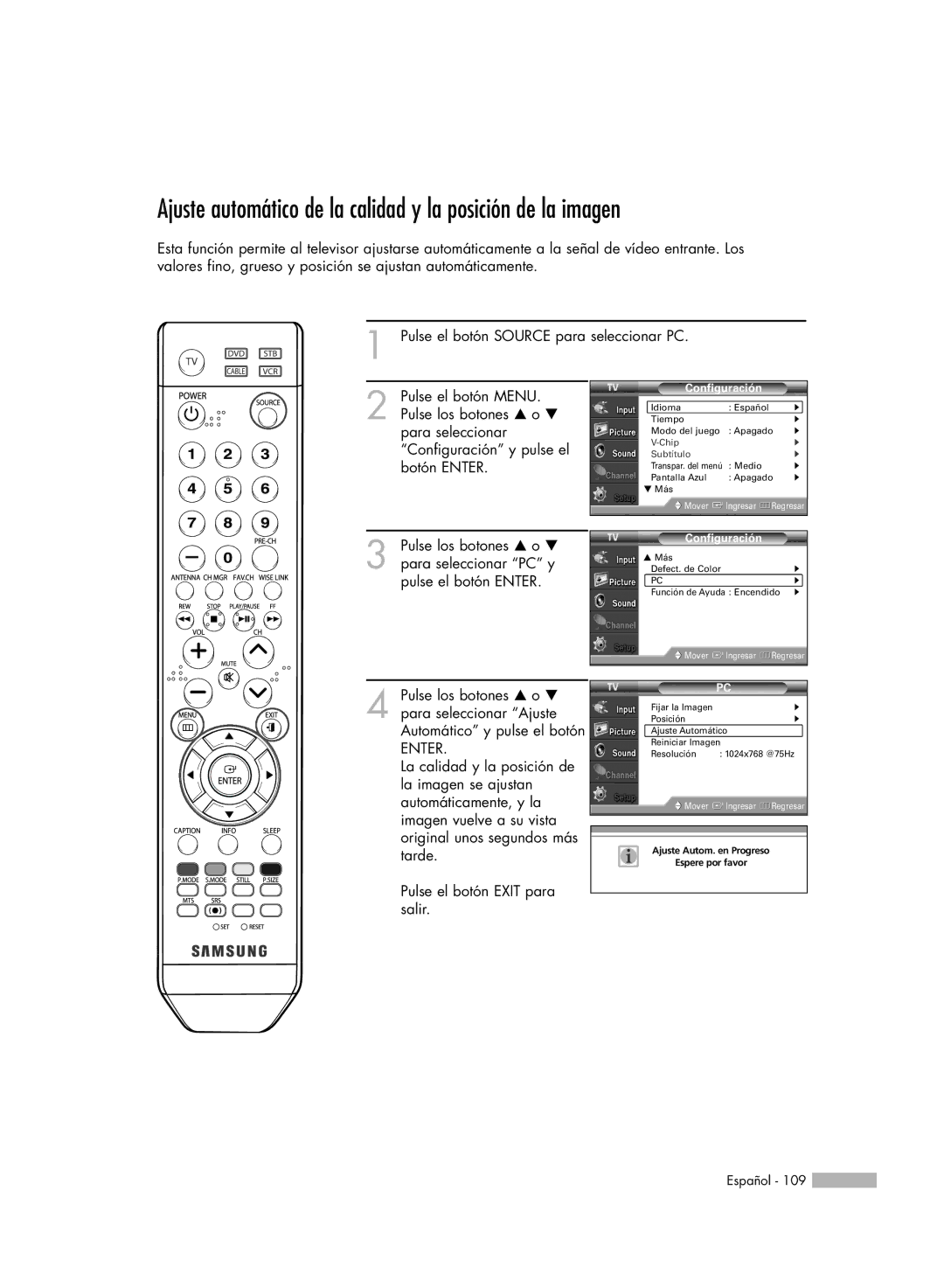 Samsung SP-61K3HD, SP56K3HD, SP-50K3HD manual Ajuste automático de la calidad y la posición de la imagen 