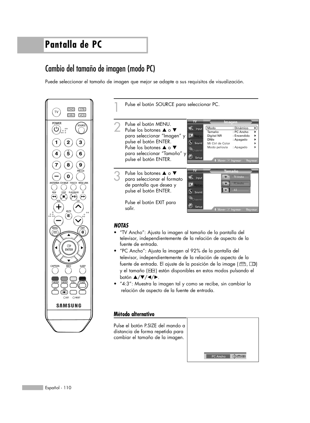 Samsung SP-50K3HD, SP56K3HD, SP-61K3HD manual Cambio del tamaño de imagen modo PC, Imagen 