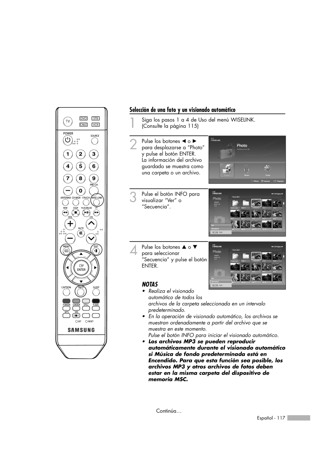 Samsung SP56K3HD Selección de una foto y un visionado automático, Pulse el botón Info para visualizar Ver o Secuencia 