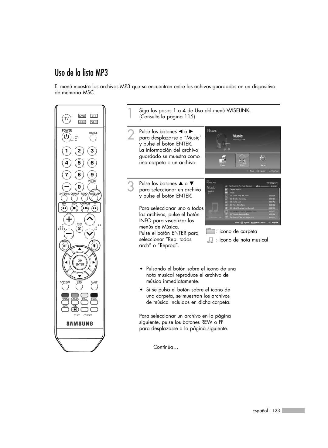 Samsung SP56K3HD, SP-61K3HD, SP-50K3HD manual Uso de la lista MP3, Arch o Reprod 