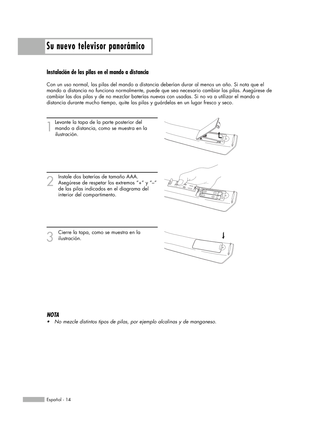 Samsung SP-50K3HD, SP56K3HD, SP-61K3HD manual Instalación de las pilas en el mando a distancia 