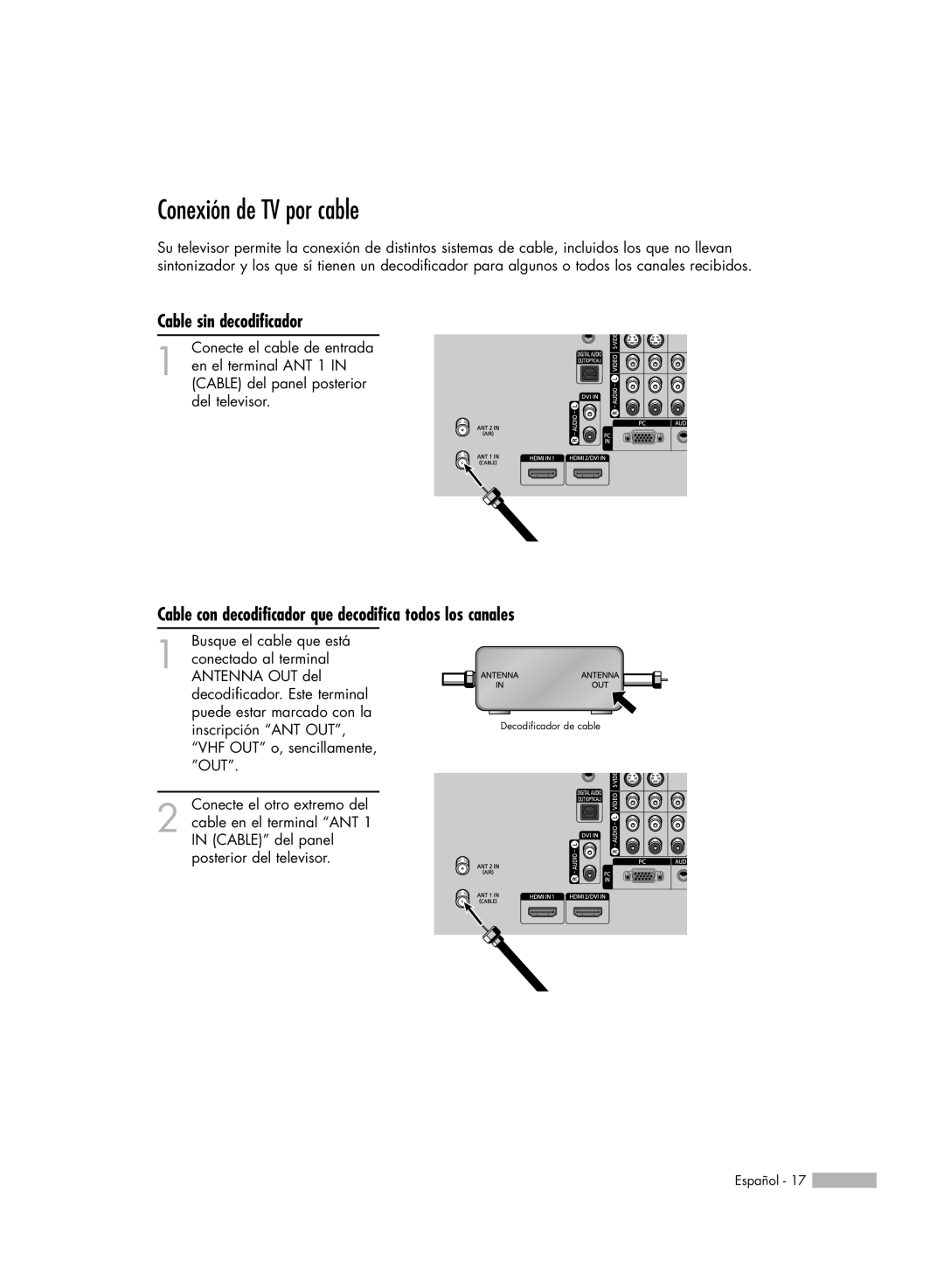 Samsung SP-50K3HD, SP56K3HD, SP-61K3HD manual Conexión de TV por cable, Cable sin decodificador 