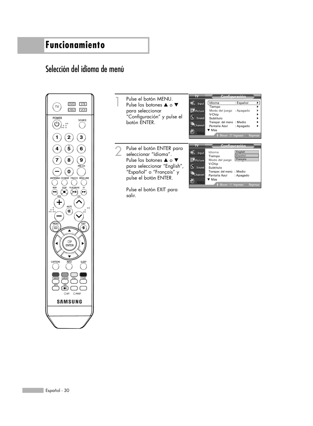 Samsung SP56K3HD, SP-61K3HD, SP-50K3HD manual Selección del idioma de menú, Configuración 