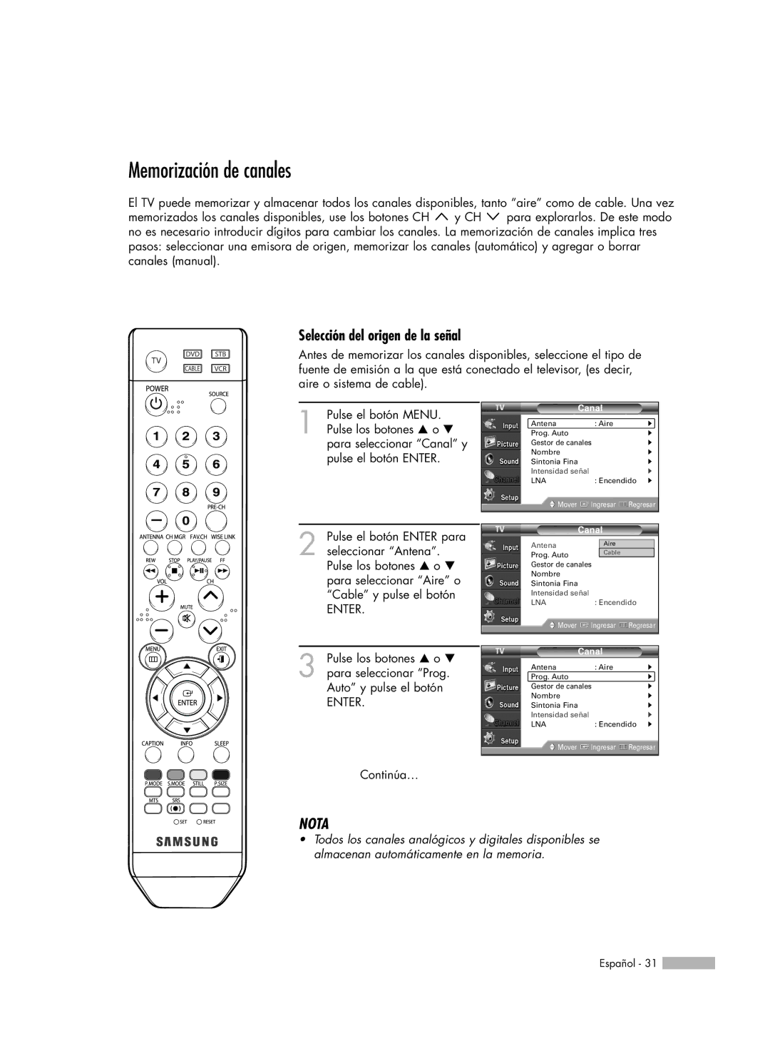 Samsung SP-61K3HD, SP56K3HD, SP-50K3HD manual Memorización de canales, Selección del origen de la señal, Canal 