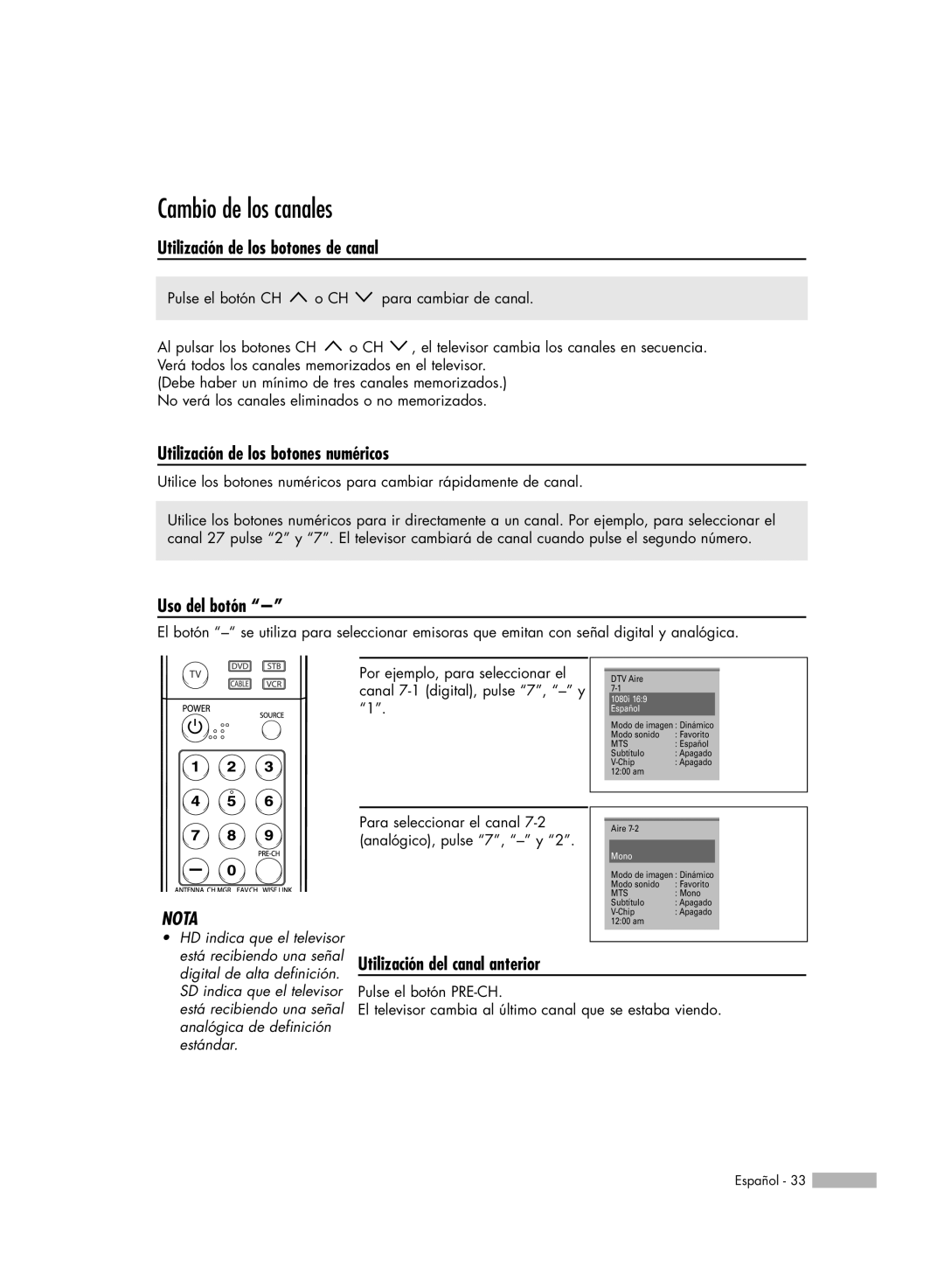 Samsung SP56K3HD manual Cambio de los canales, Utilización de los botones de canal, Utilización de los botones numéricos 