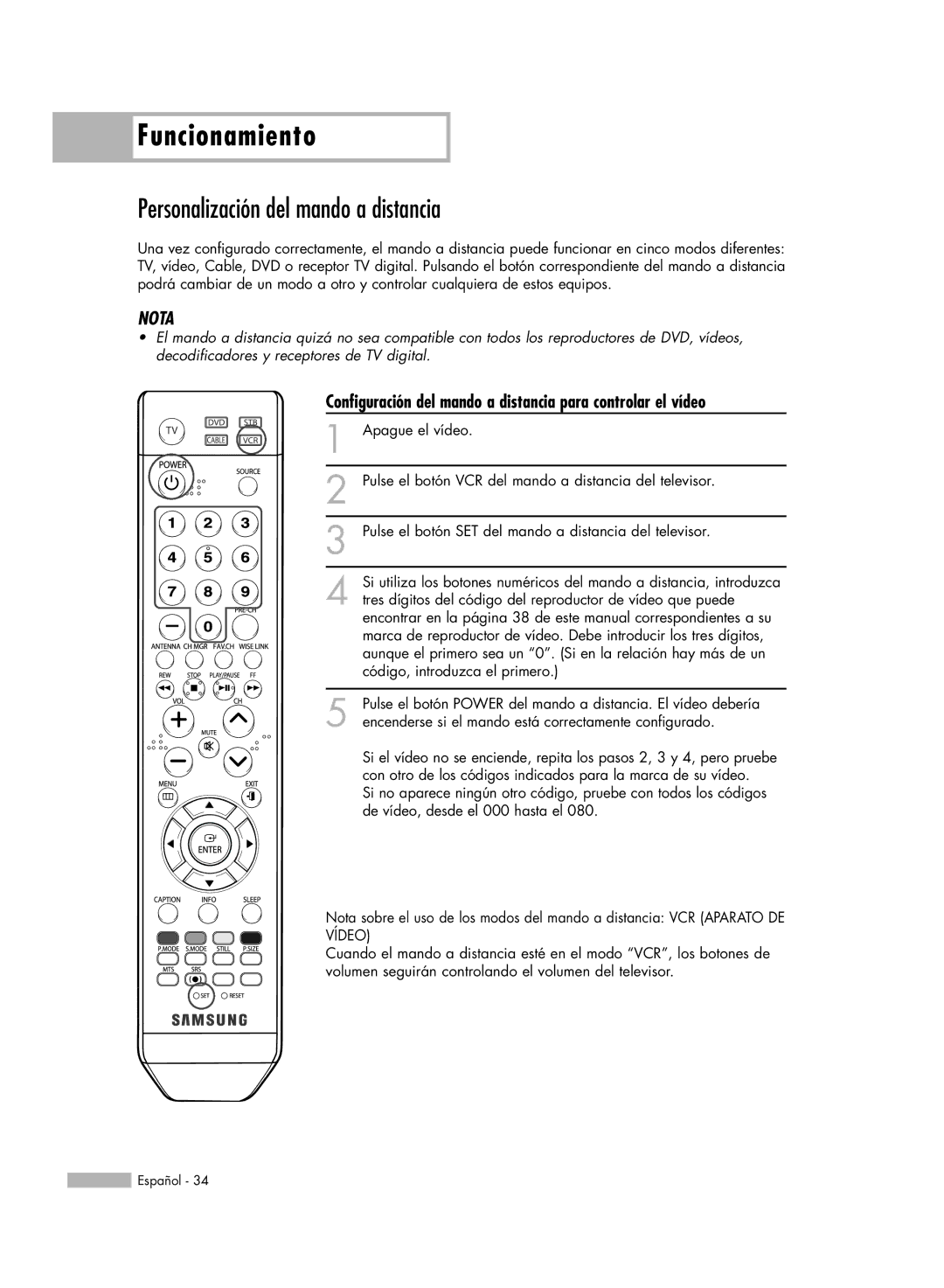 Samsung SP-61K3HD manual Personalización del mando a distancia, Configuración del mando a distancia para controlar el vídeo 