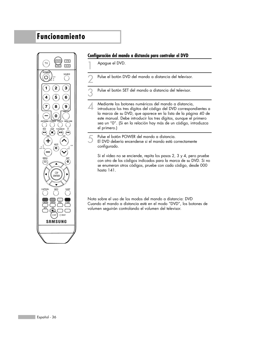 Samsung SP56K3HD, SP-61K3HD, SP-50K3HD Configuración del mando a distancia para controlar el DVD, Apague el DVD, El primero 