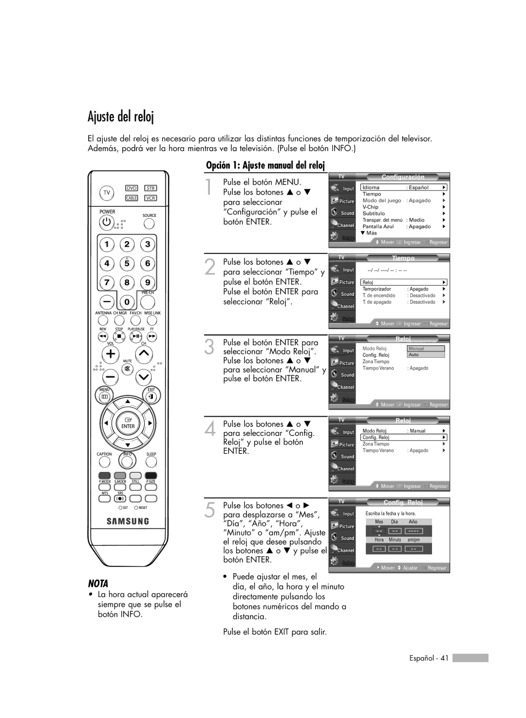 Samsung SP-50K3HD manual Ajuste del reloj, Para desplazarse a Mes, Día, Año, Hora, Los botones … o † y pulse el Botón Enter 