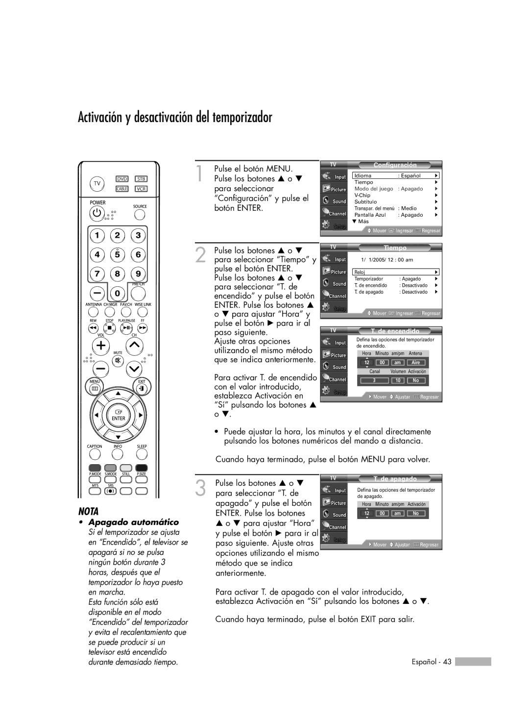 Samsung SP-61K3HD, SP56K3HD Activación y desactivación del temporizador, Para seleccionar T. de, Apagado y pulse el botón 