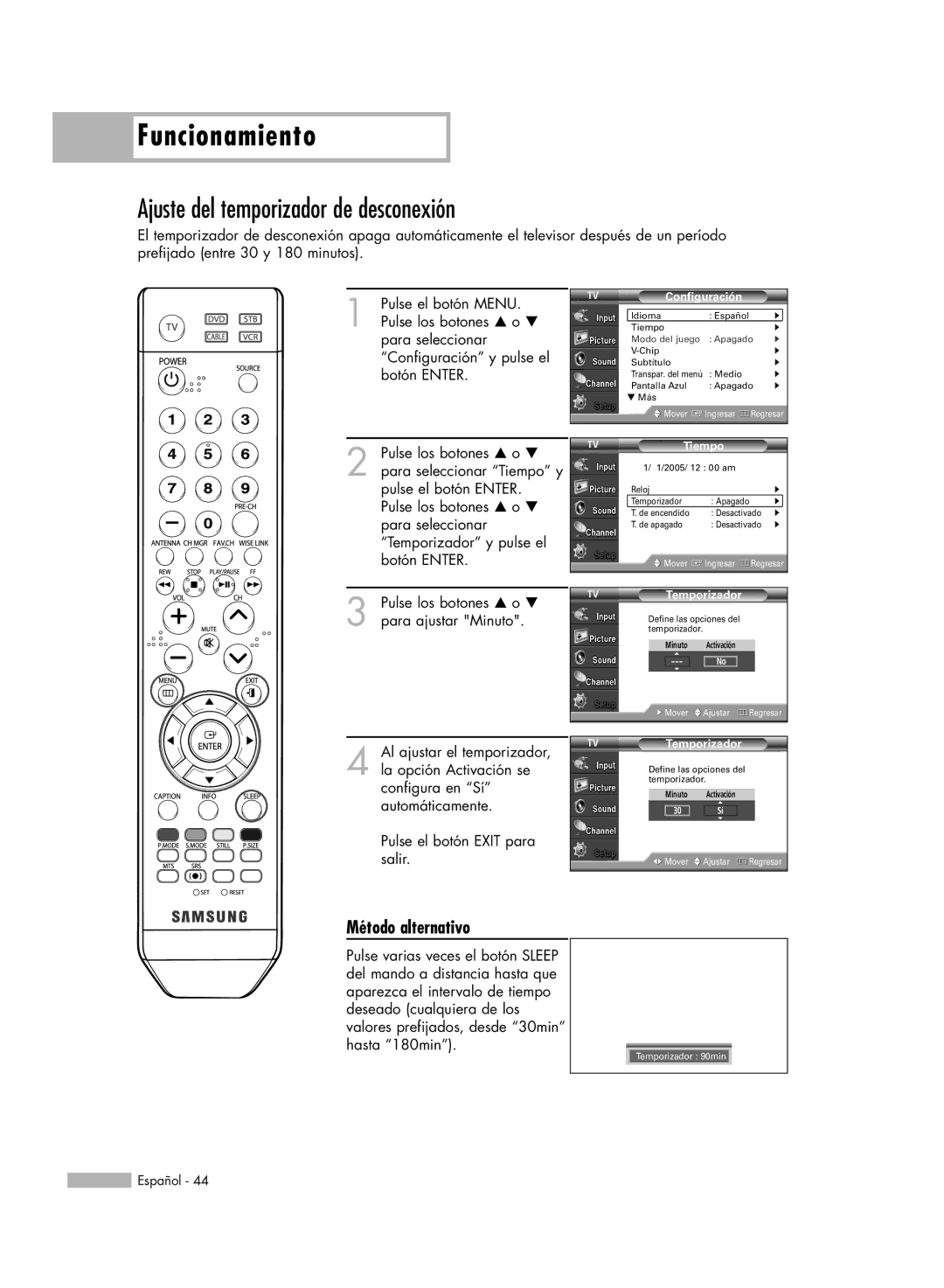 Samsung SP-50K3HD, SP56K3HD, SP-61K3HD Ajuste del temporizador de desconexión, Método alternativo, Tiempo, Temporizador 