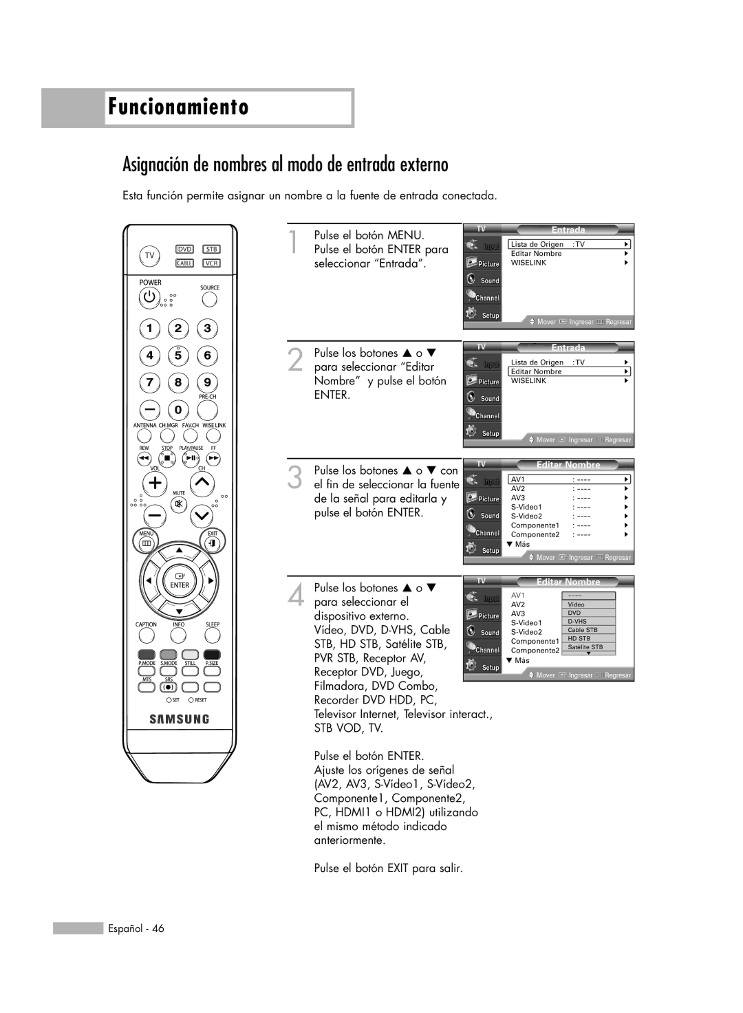 Samsung SP-61K3HD, SP56K3HD, SP-50K3HD manual Asignación de nombres al modo de entrada externo 