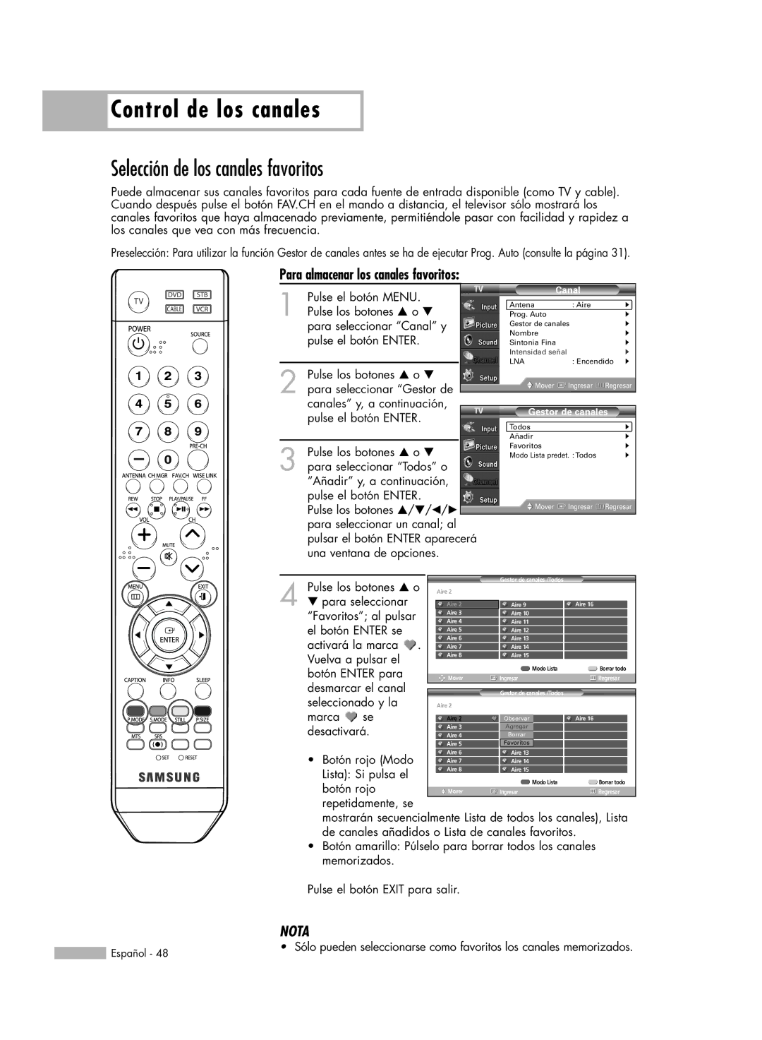 Samsung SP56K3HD, SP-61K3HD, SP-50K3HD manual Selección de los canales favoritos, Para almacenar los canales favoritos 