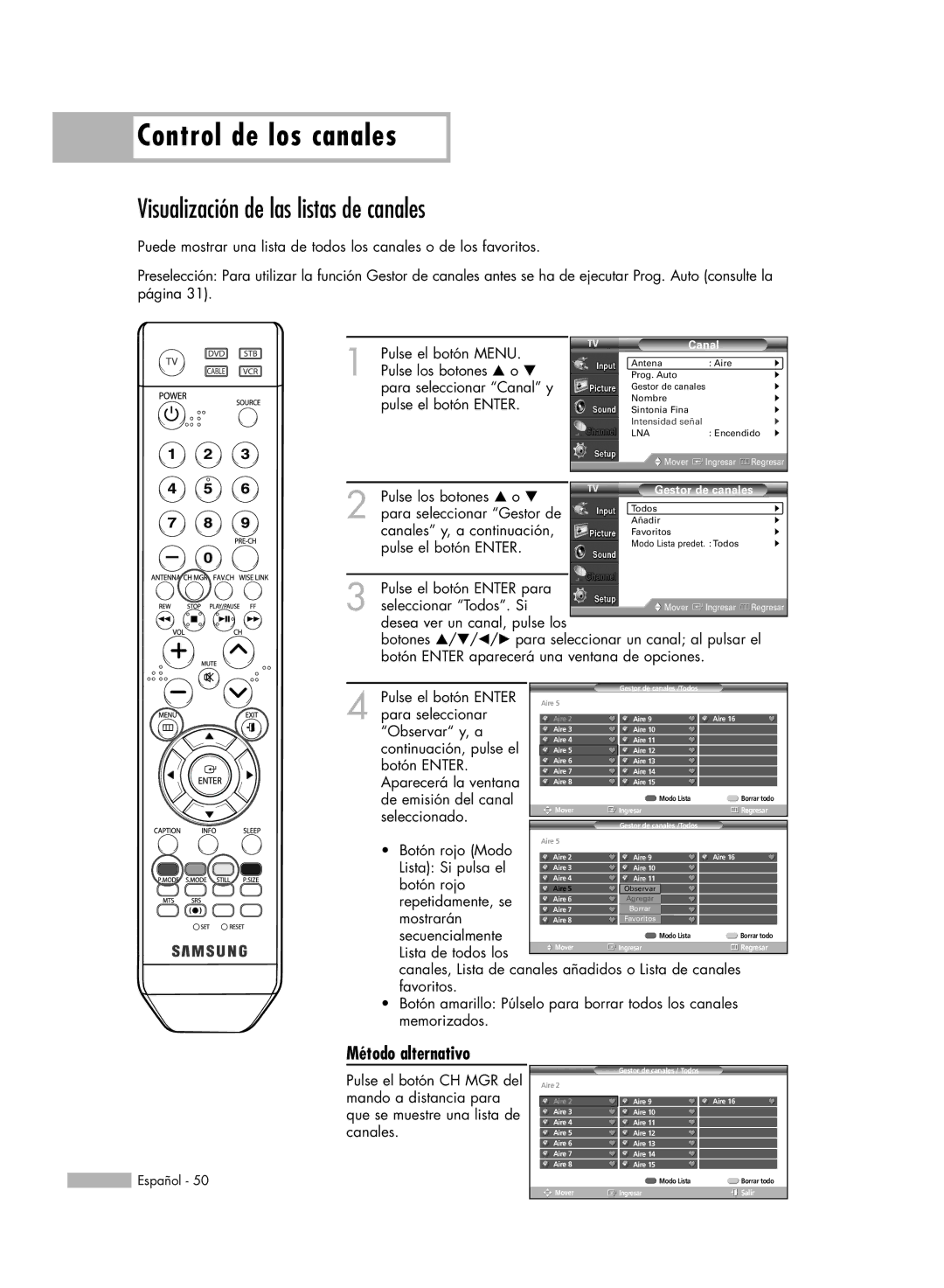 Samsung SP-50K3HD, SP56K3HD, SP-61K3HD manual Visualización de las listas de canales, Método alternativo 