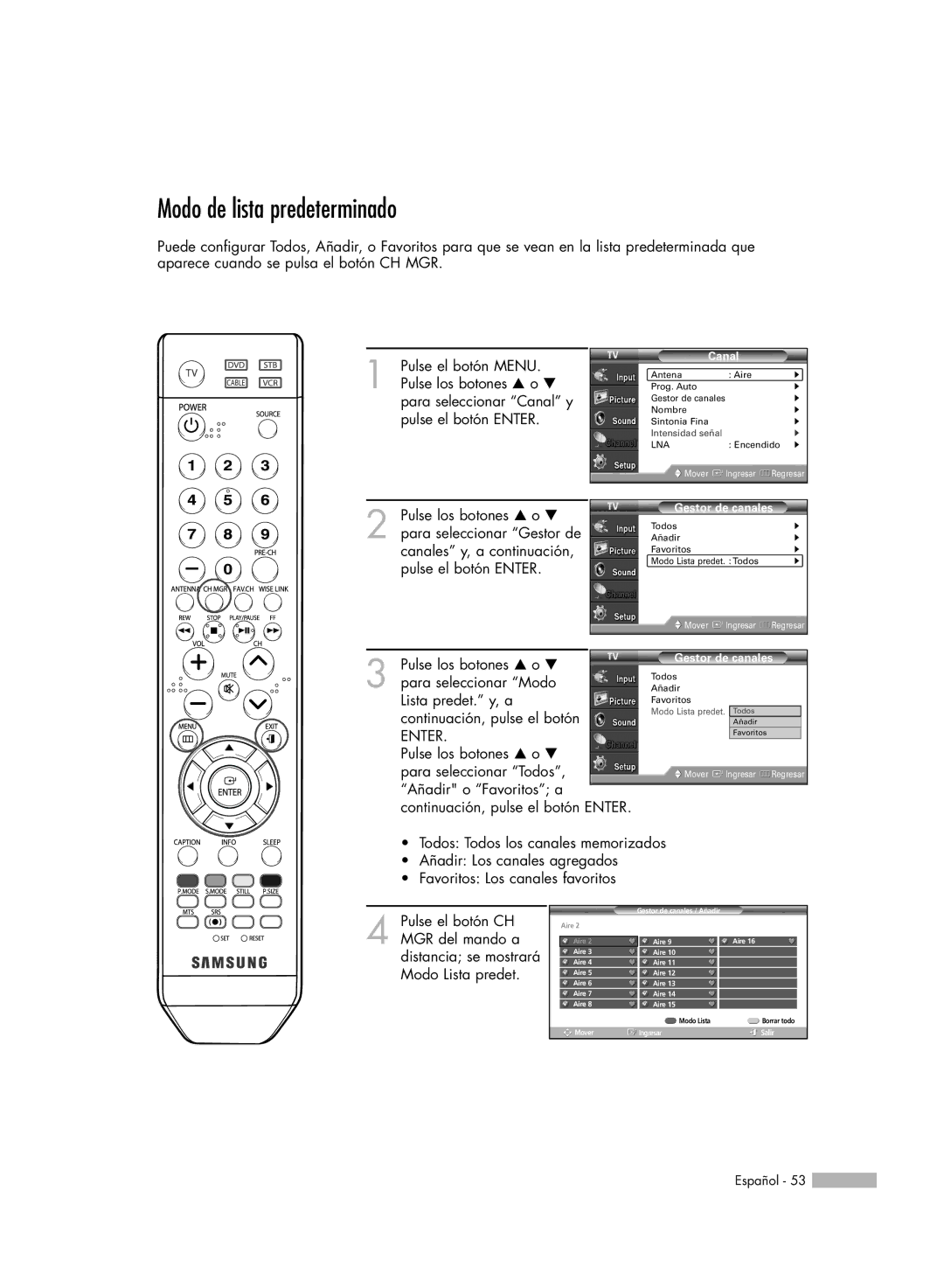 Samsung SP-50K3HD Modo de lista predeterminado, Para seleccionar Modo, Lista predet. y, a, Continuación, pulse el botón 