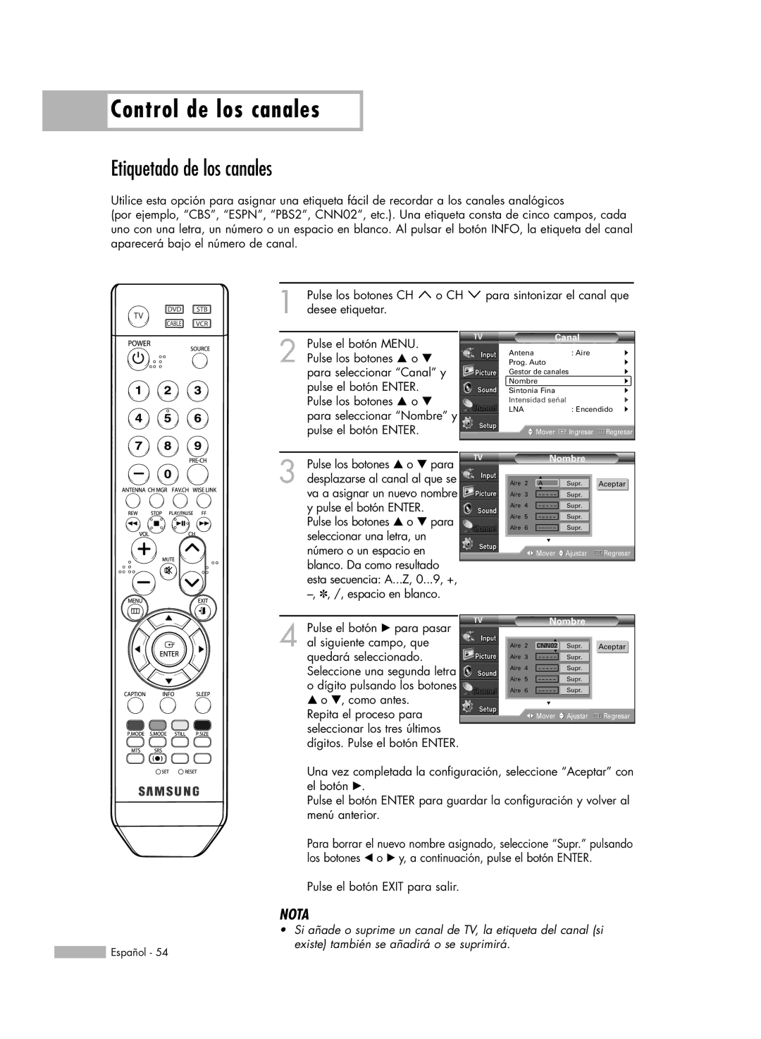 Samsung SP56K3HD, SP-61K3HD, SP-50K3HD manual Etiquetado de los canales, Canal 