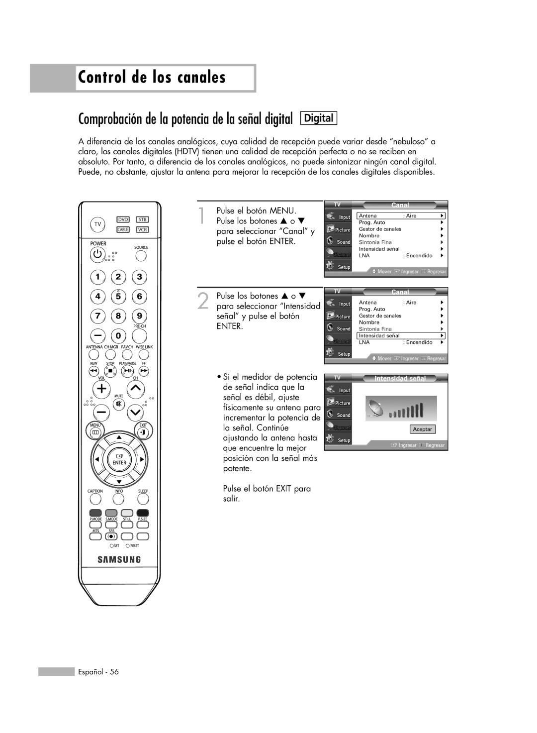 Samsung SP-50K3HD, SP56K3HD, SP-61K3HD manual Comprobación de la potencia de la señal digital, Intensidad señal 