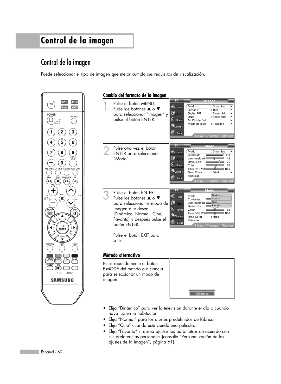 Samsung SP56K3HD, SP-61K3HD, SP-50K3HD manual Control de la imagen, Modo 