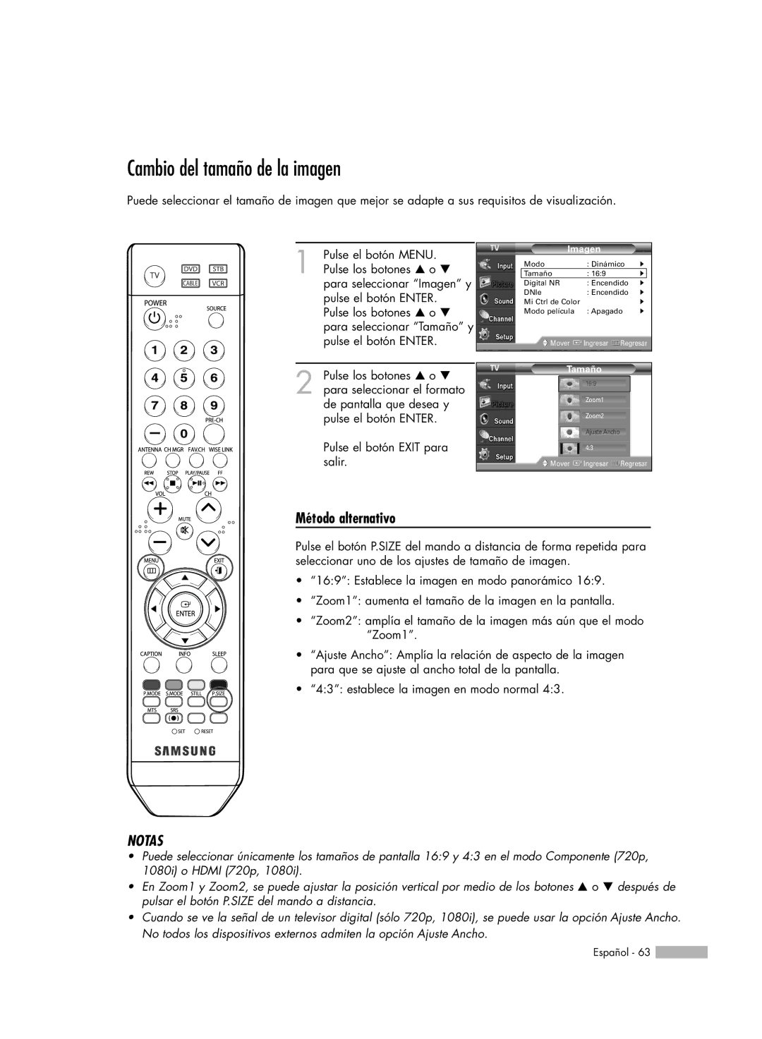 Samsung SP56K3HD, SP-61K3HD, SP-50K3HD manual Cambio del tamaño de la imagen, Tamaño 