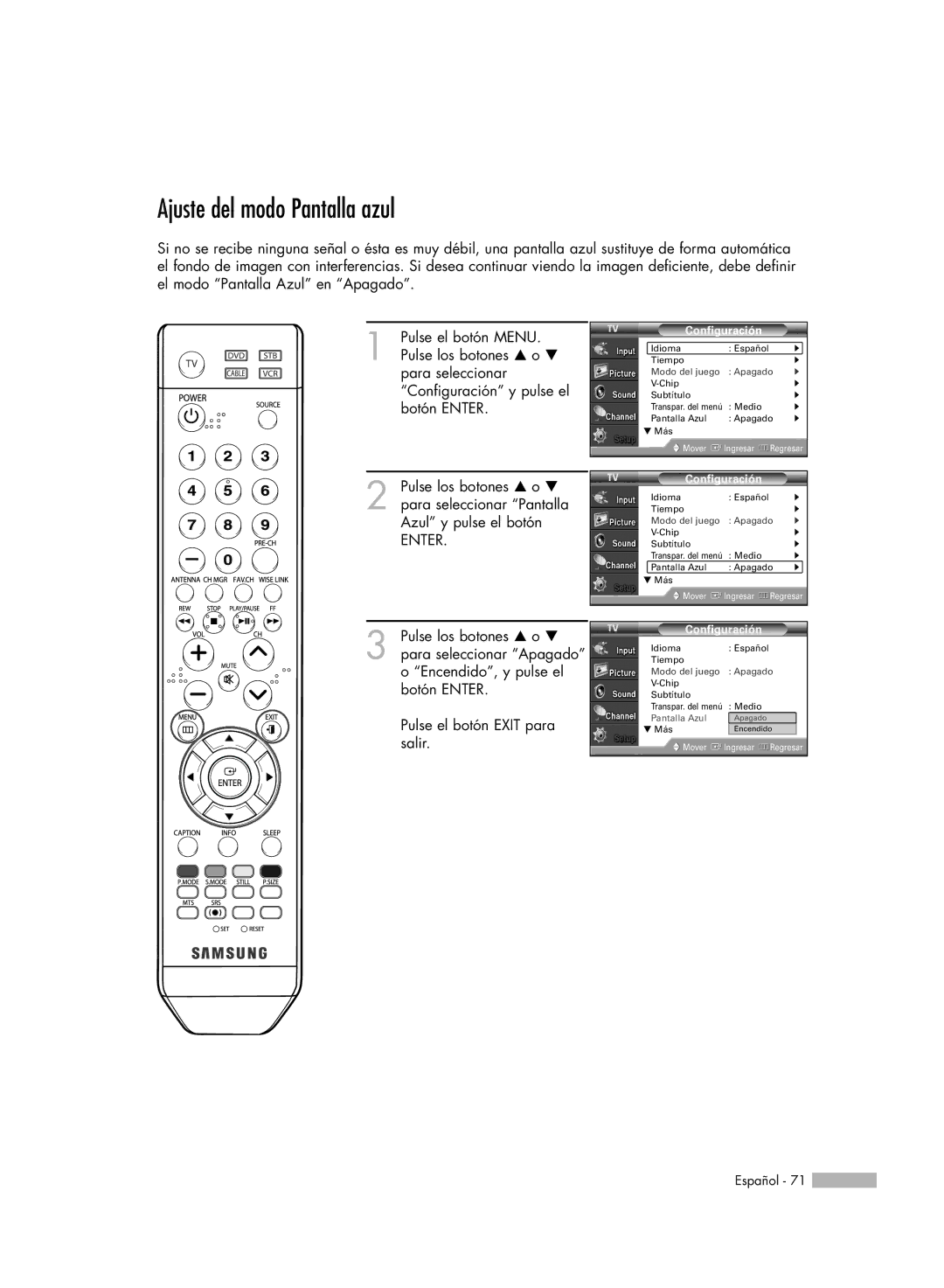 Samsung SP-50K3HD, SP56K3HD, SP-61K3HD manual Ajuste del modo Pantalla azul, Configuración 