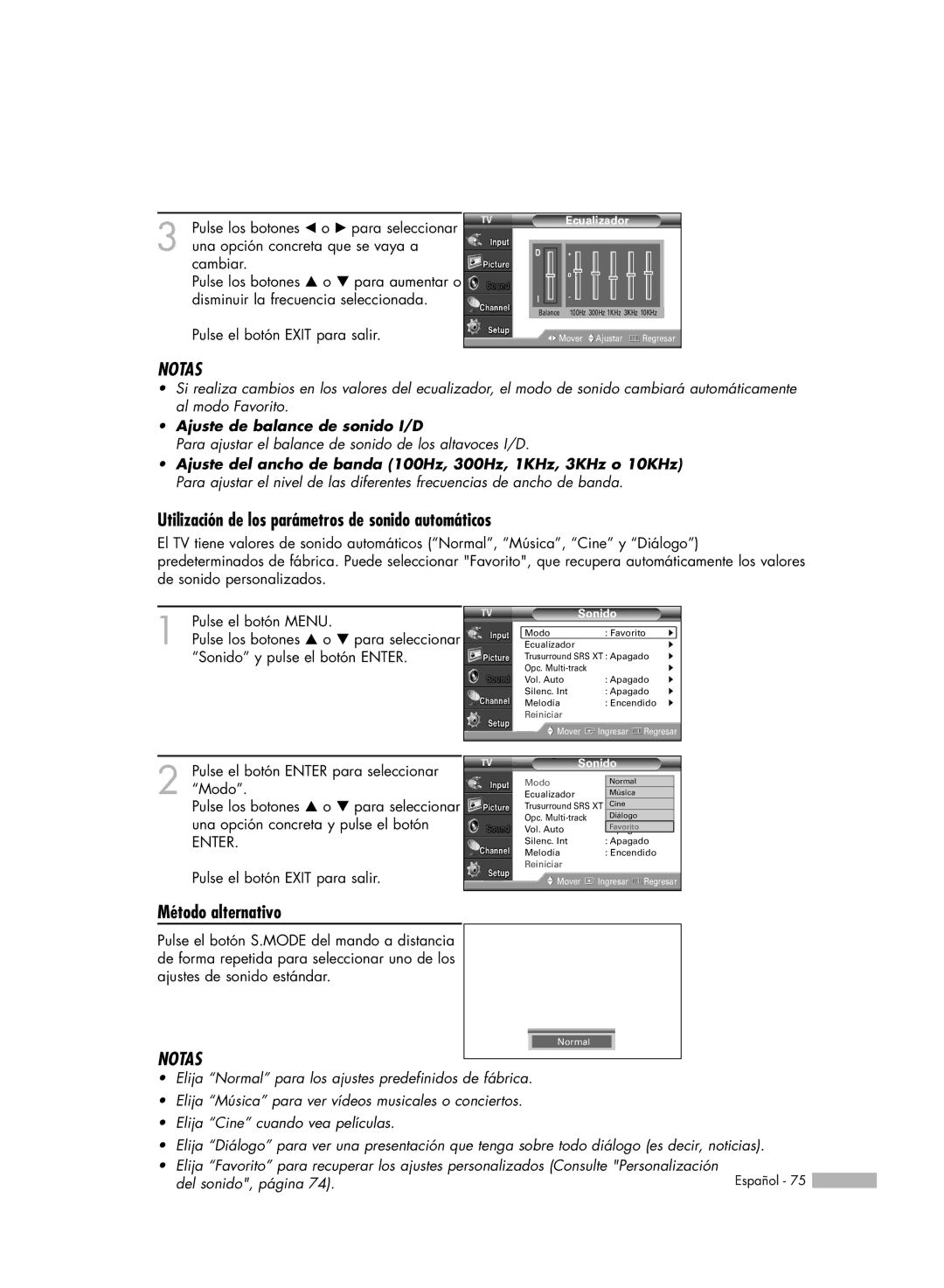 Samsung SP56K3HD manual Utilización de los parámetros de sonido automáticos, Pulse el botón Enter para seleccionar Modo 