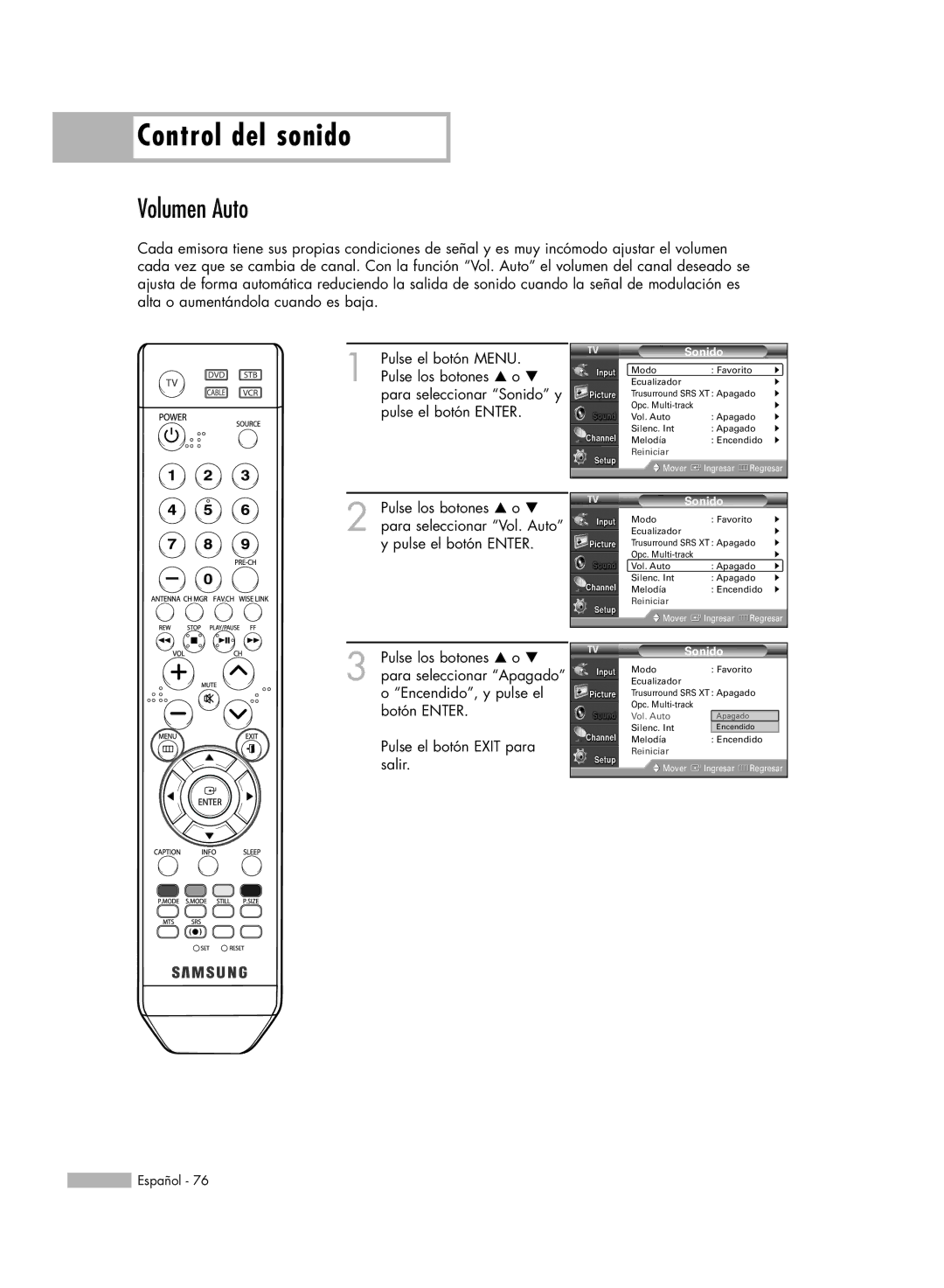 Samsung SP-61K3HD, SP56K3HD, SP-50K3HD manual Volumen Auto 