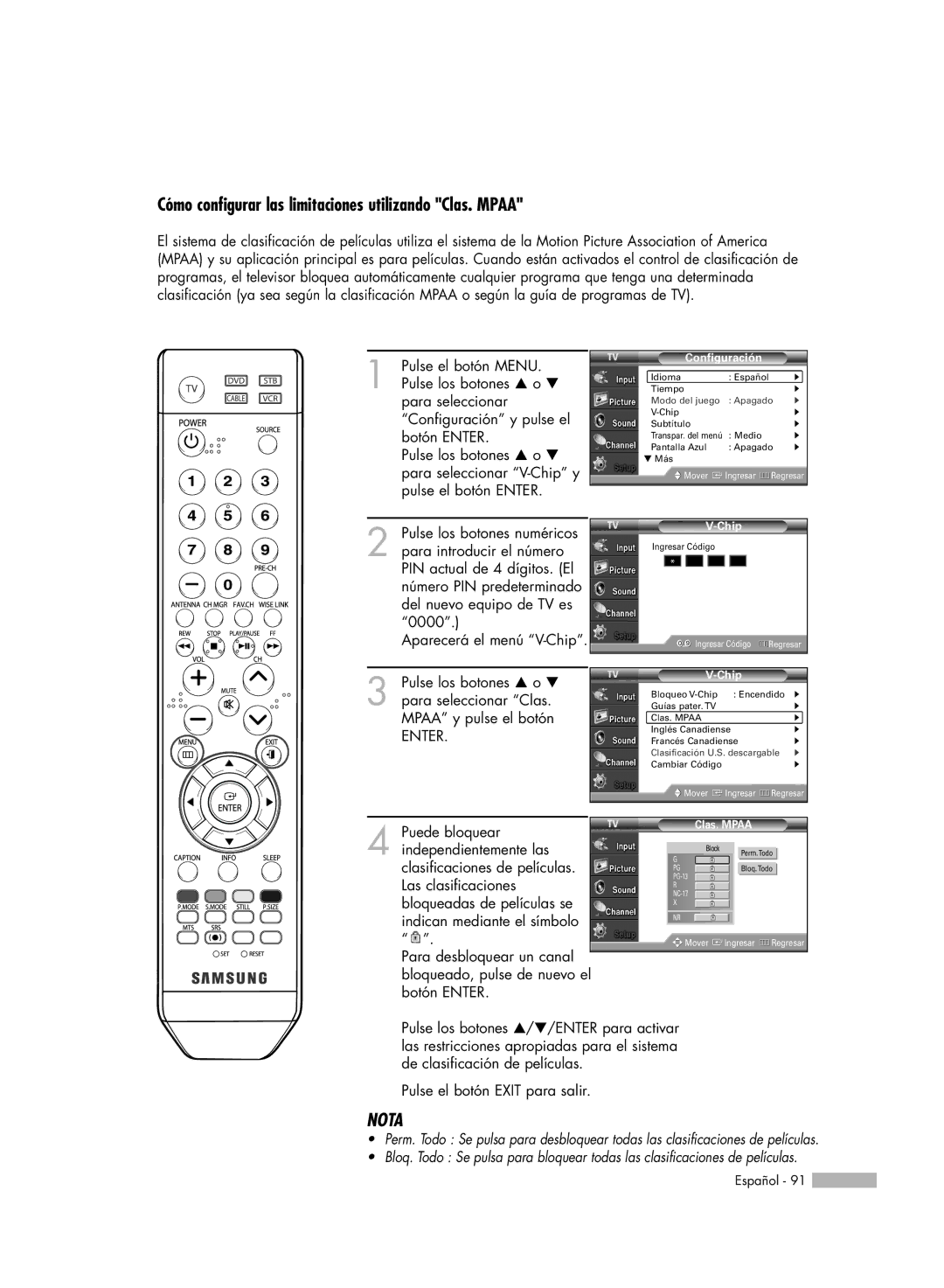 Samsung SP-61K3HD, SP56K3HD, SP-50K3HD manual Cómo configurar las limitaciones utilizando Clas. Mpaa 