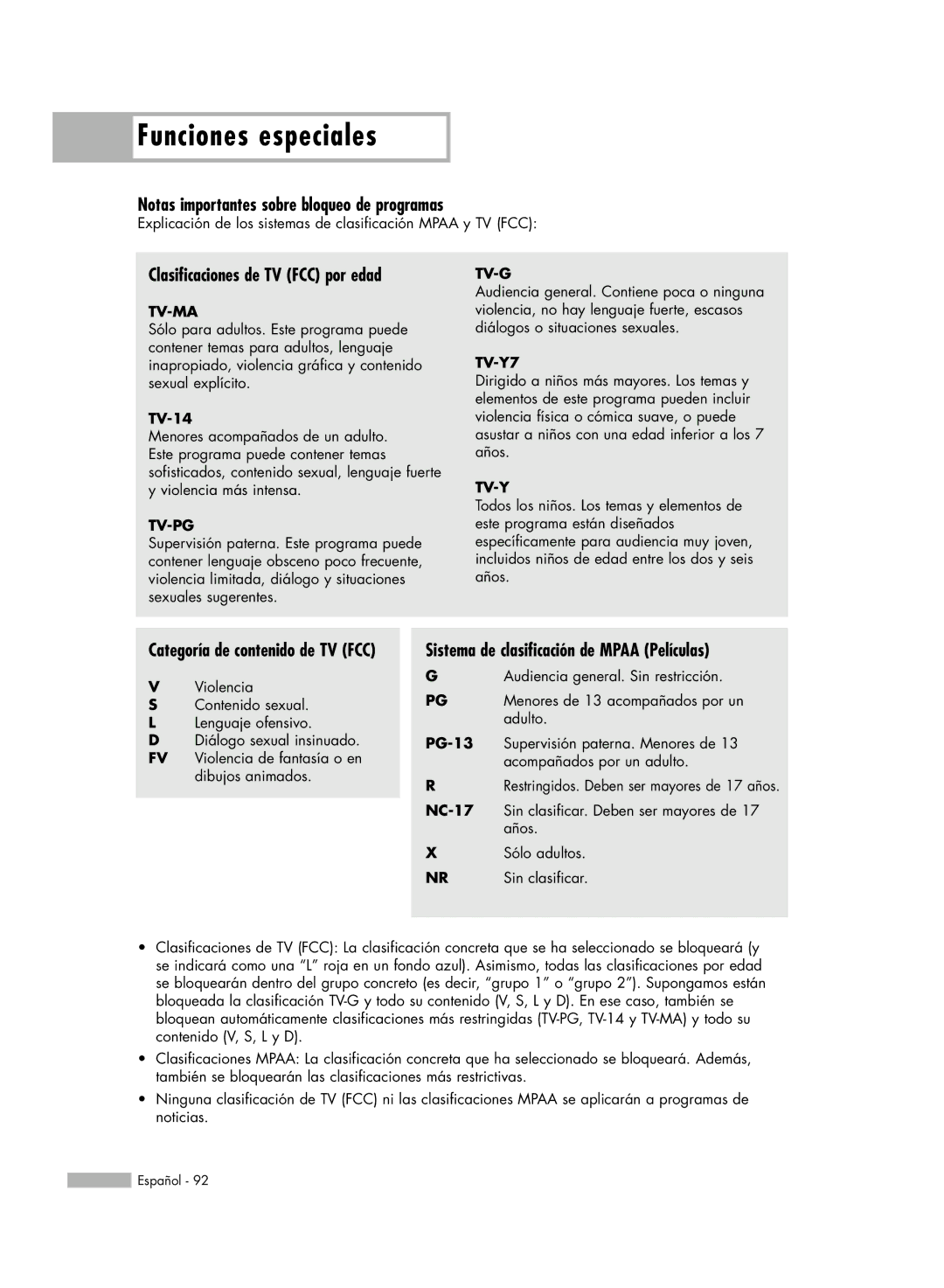 Samsung SP-50K3HD, SP56K3HD manual Notas importantes sobre bloqueo de programas, Clasificaciones de TV FCC por edad, TV-14 