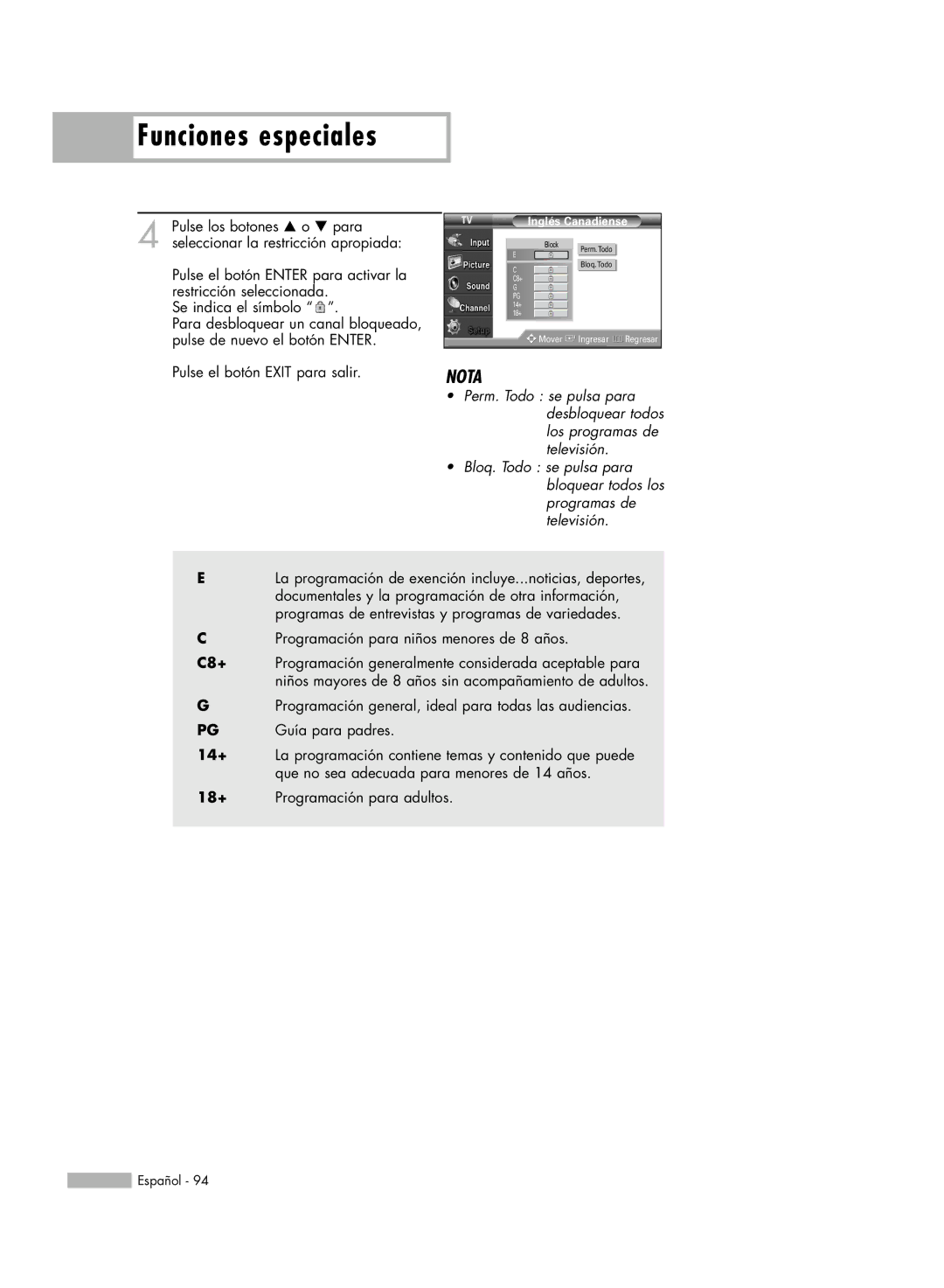 Samsung SP-61K3HD Pulse el botón Enter para activar la, Restricción seleccionada. Se indica el símbolo, Inglés Canadiense 