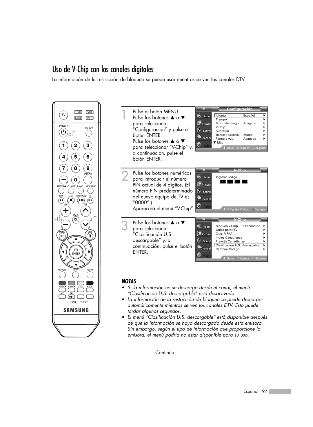 Samsung SP-61K3HD, SP56K3HD, SP-50K3HD manual Uso de V-Chip con los canales digitales 