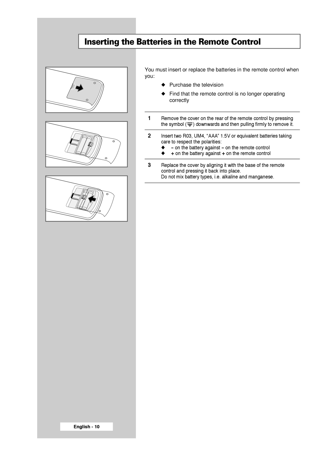 Samsung SP56L7HX, SP50L7HX manual Inserting the Batteries in the Remote Control 