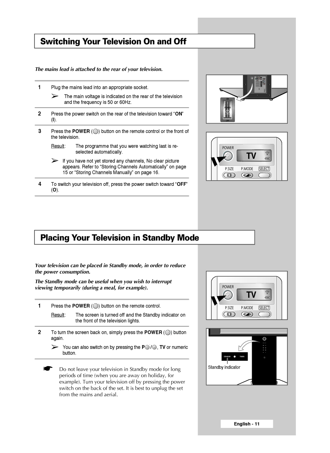 Samsung SP50L7HX, SP56L7HX manual Switching Your Television On and Off, Placing Your Television in Standby Mode 