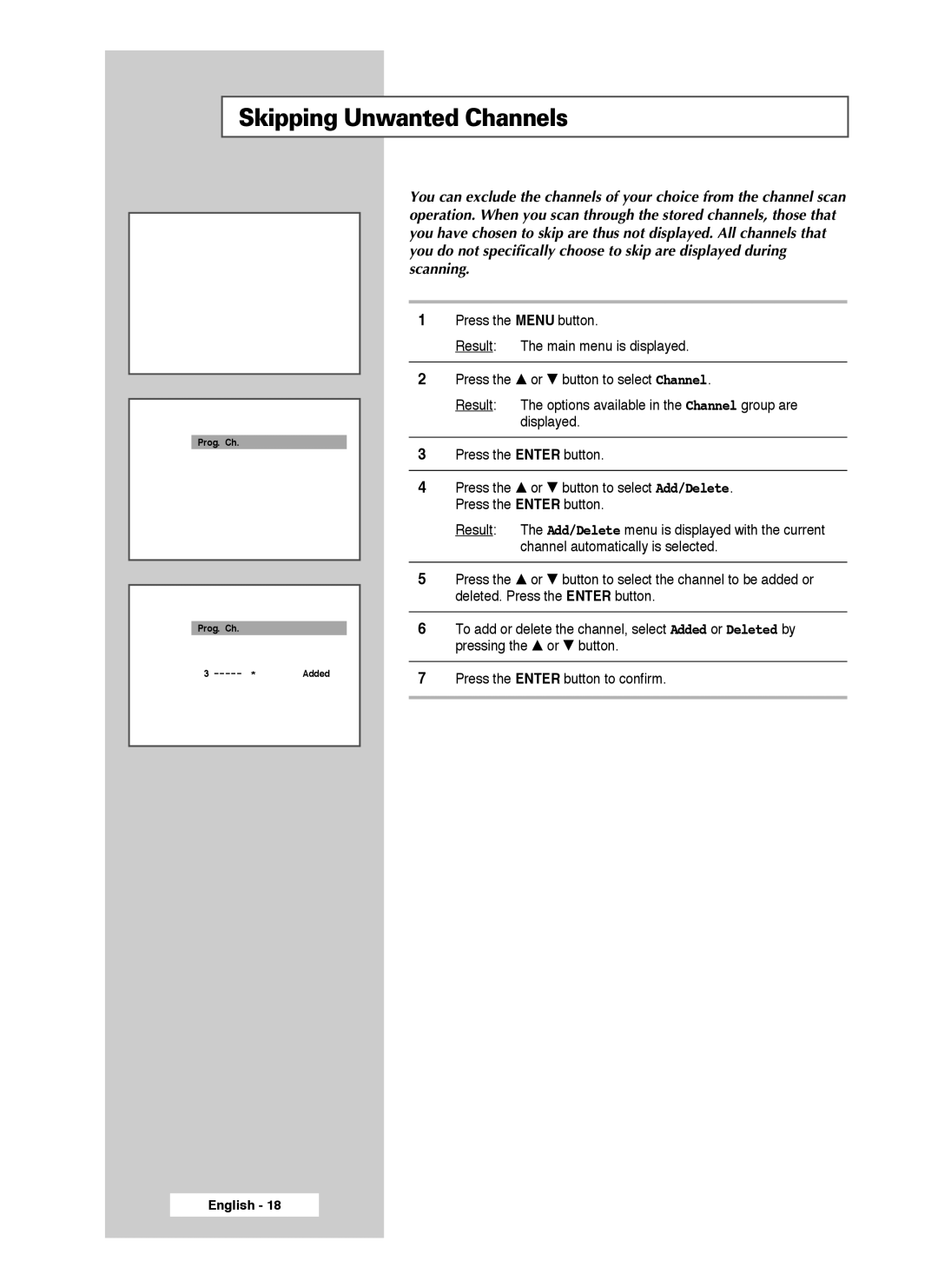 Samsung SP56L7HX, SP50L7HX manual Skipping Unwanted Channels 