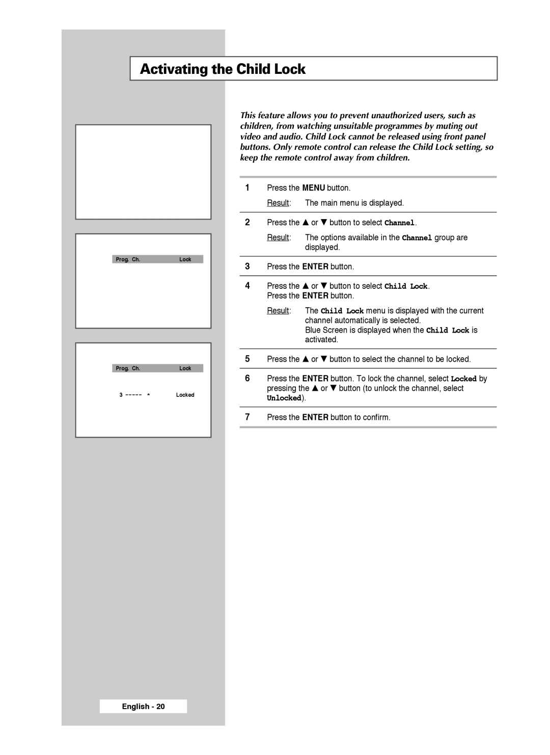 Samsung SP56L7HX, SP50L7HX manual Activating the Child Lock 