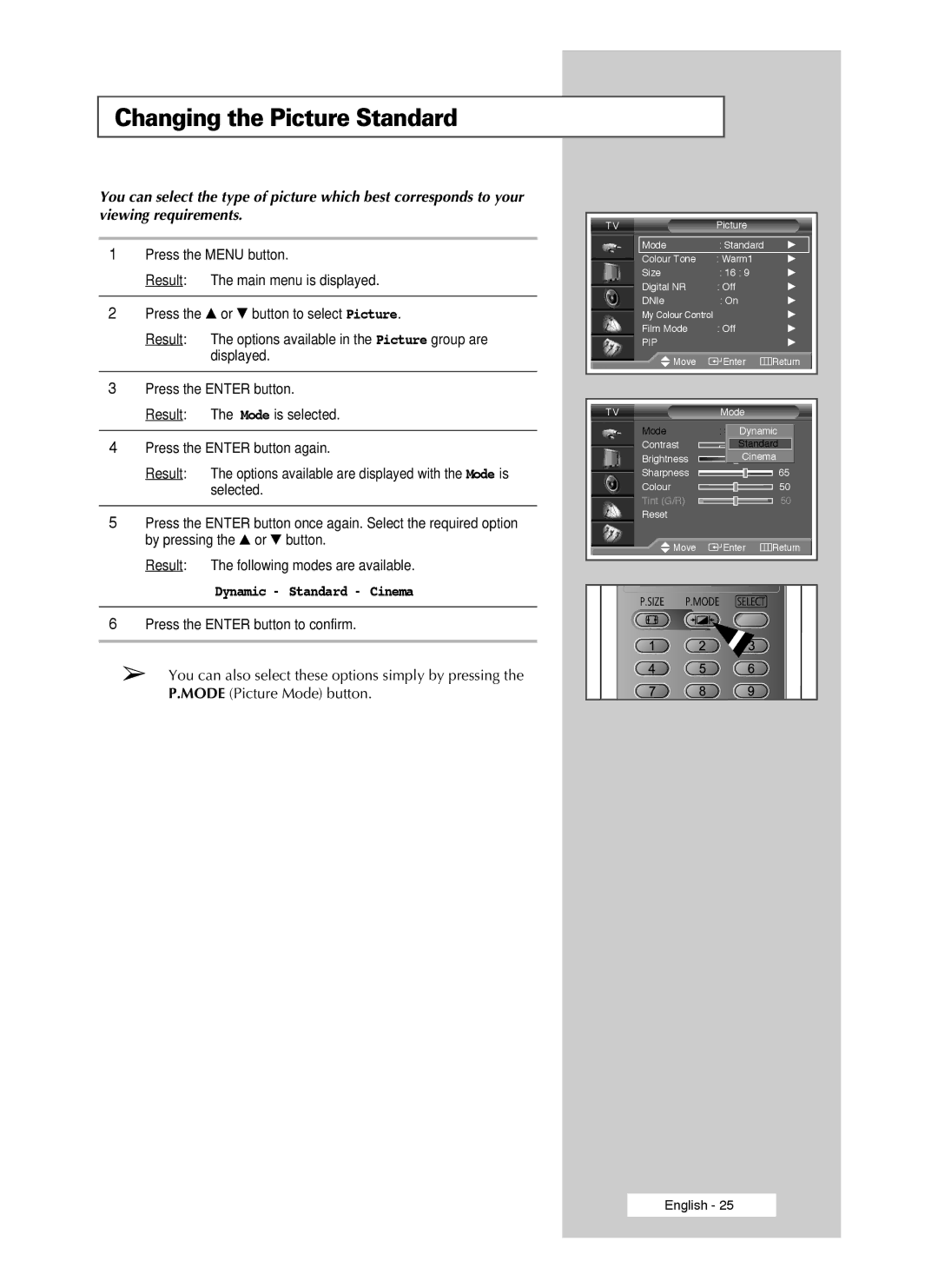 Samsung SP50L7HX, SP56L7HX manual Changing the Picture Standard, Dynamic Standard Cinema 