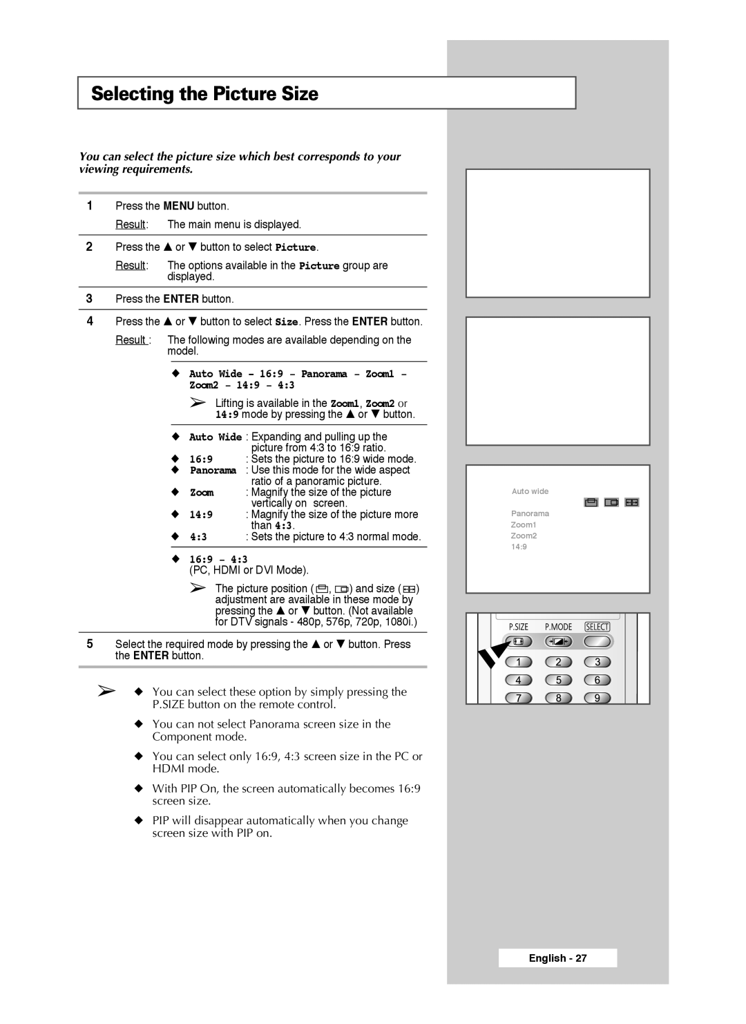 Samsung SP50L7HX, SP56L7HX manual Selecting the Picture Size, Auto Wide 169 Panorama Zoom1 Zoom2 149 