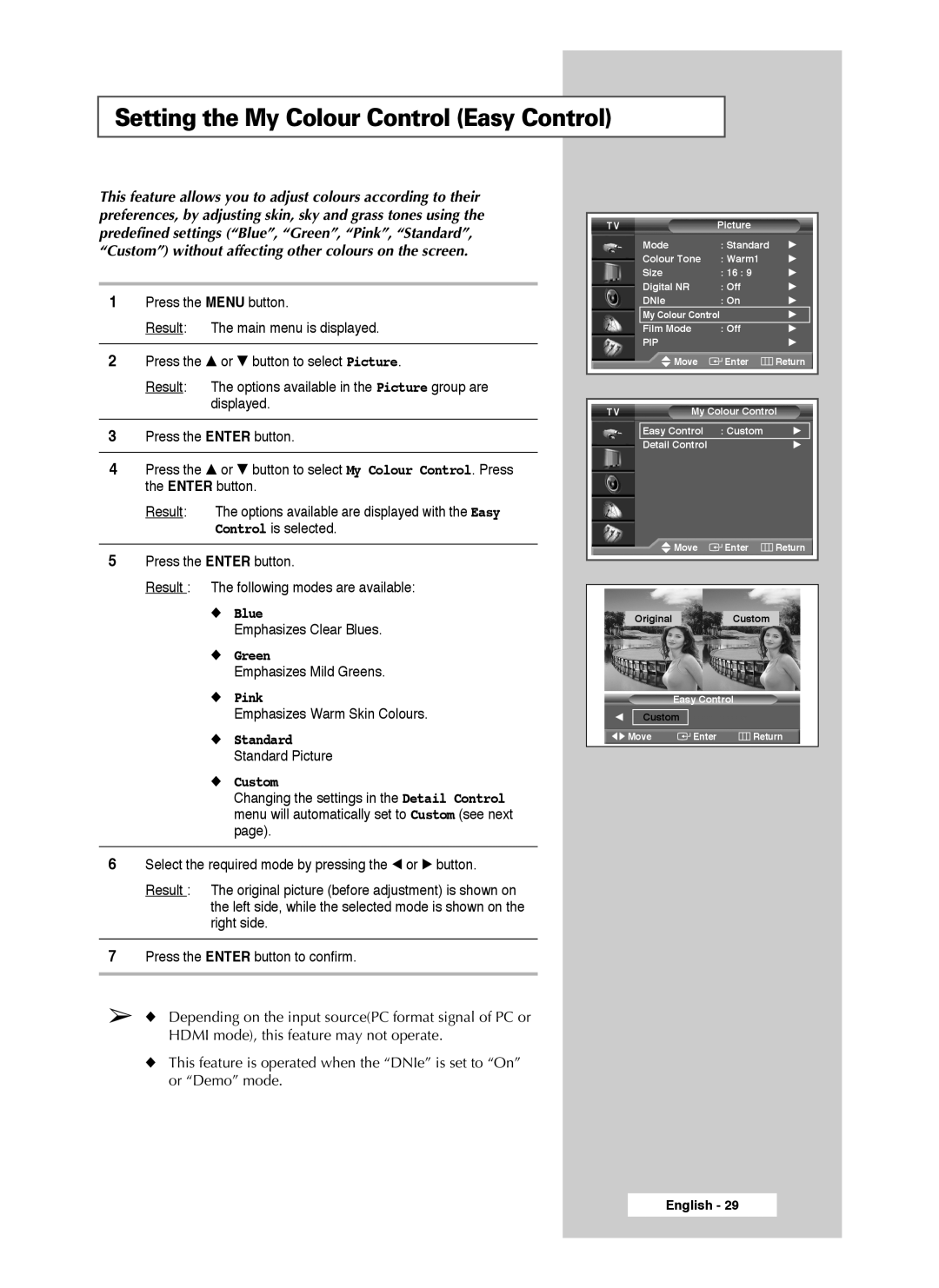 Samsung SP50L7HX, SP56L7HX manual Setting the My Colour Control Easy Control, Custom 