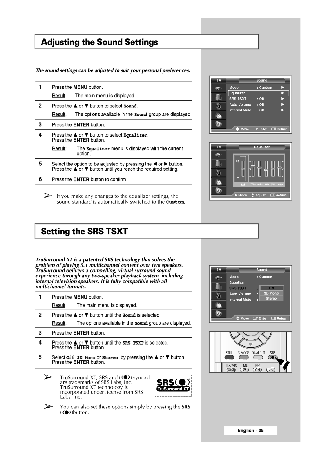 Samsung SP50L7HX, SP56L7HX manual Adjusting the Sound Settings, Setting the SRS Tsxt, Multichannel formats 