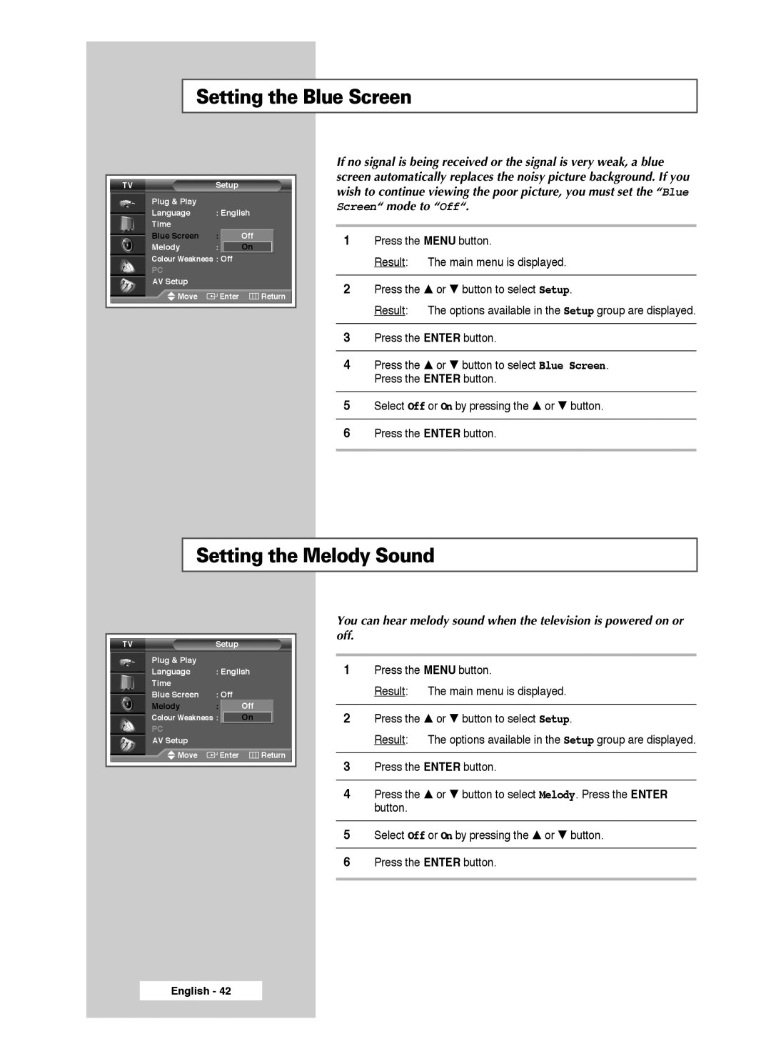 Samsung SP56L7HX, SP50L7HX manual Setting the Blue Screen, Setting the Melody Sound 