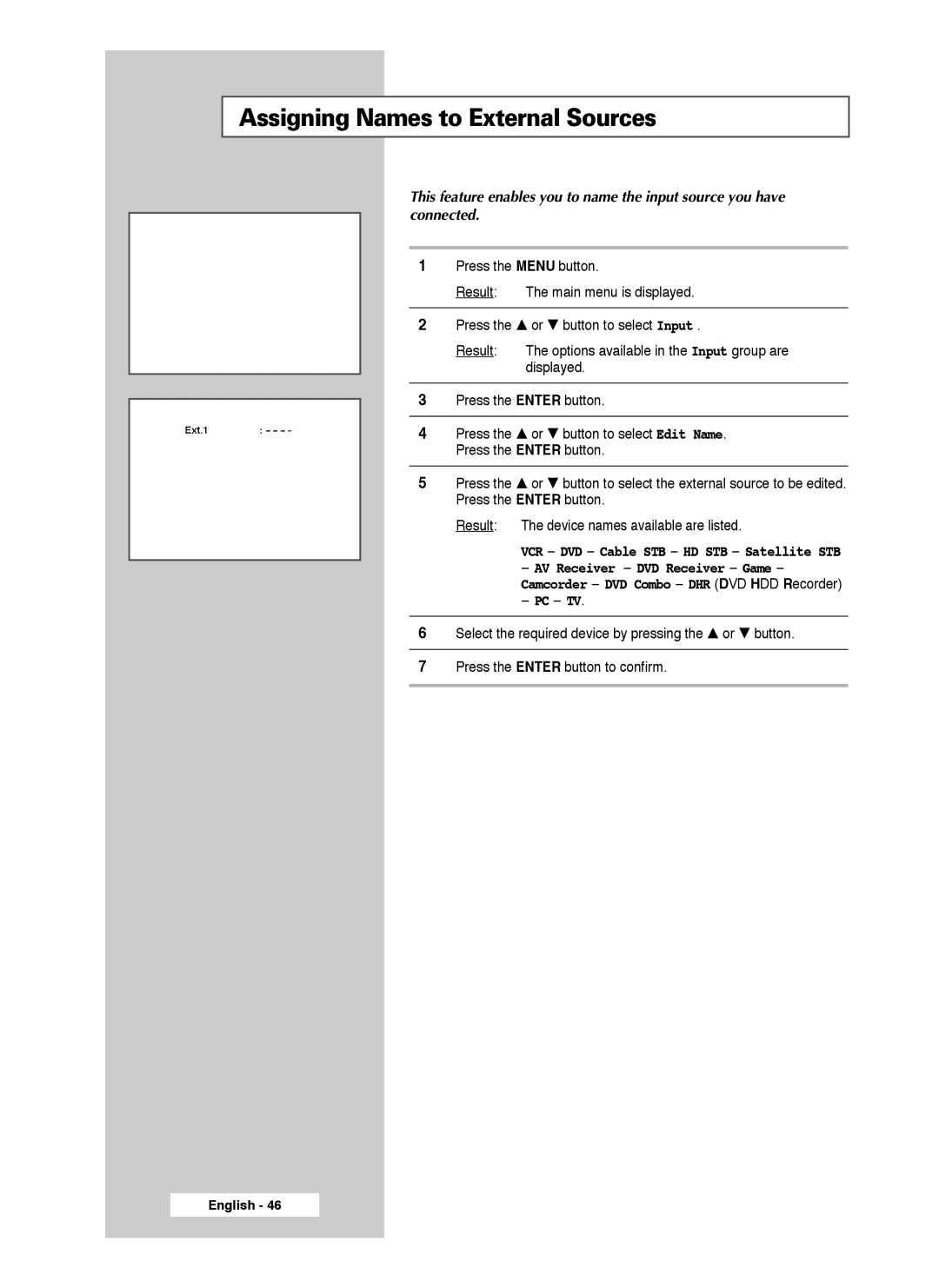 Samsung SP56L7HX, SP50L7HX manual Assigning Names to External Sources 